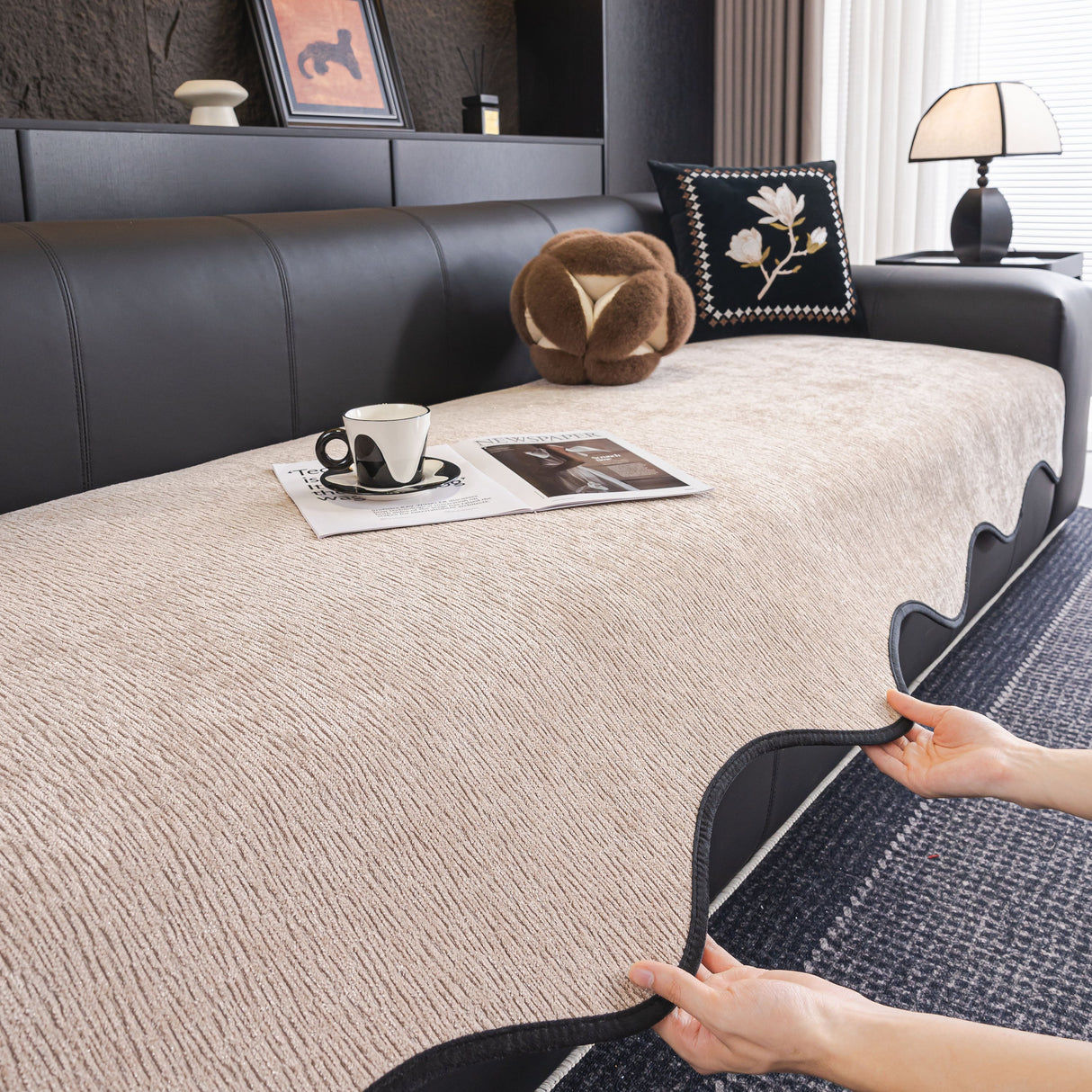 Chenille Couch Cover with Scalloped Edge, Non-Slip Modular Slipcover