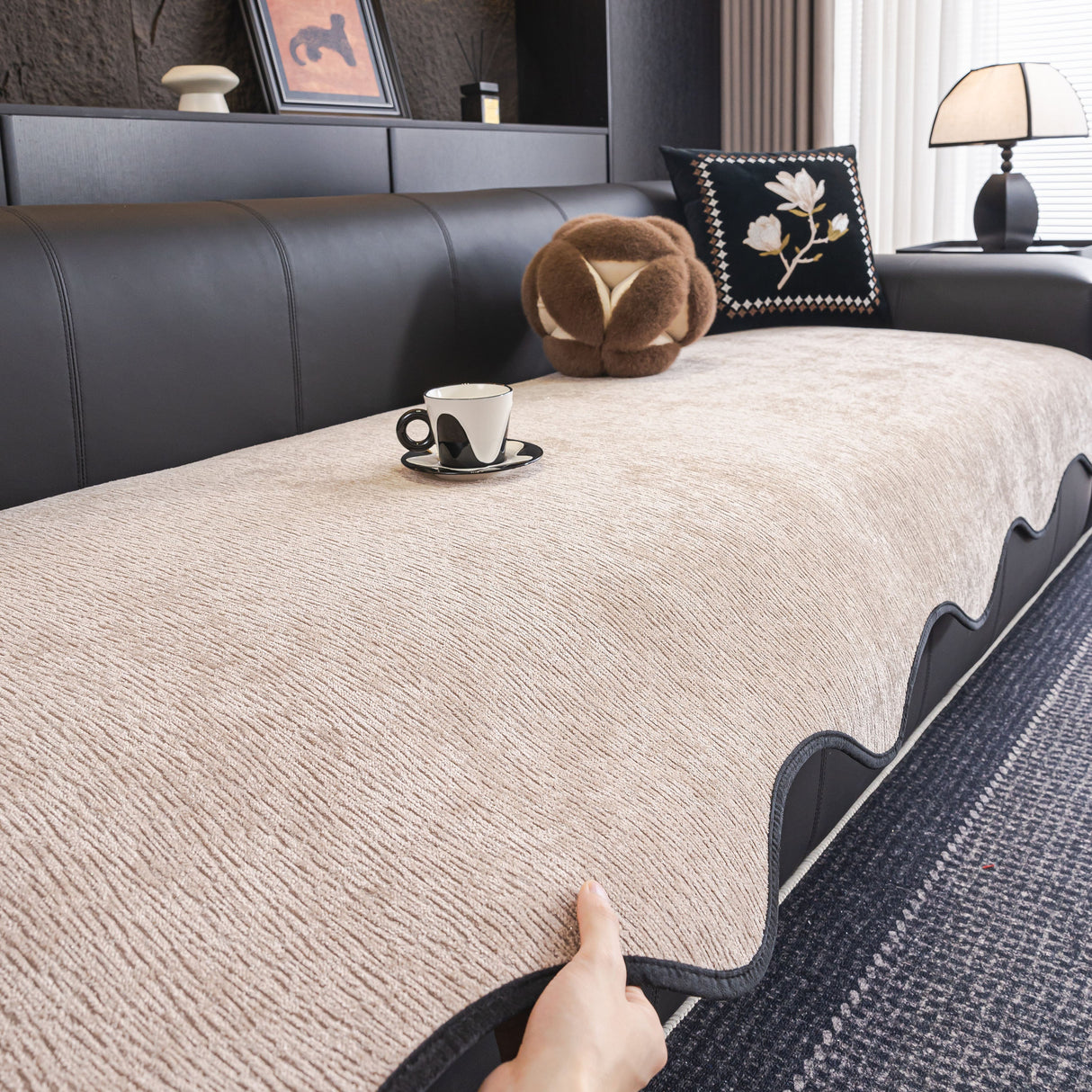 Chenille Couch Cover with Scalloped Edge, Non-Slip Modular Slipcover