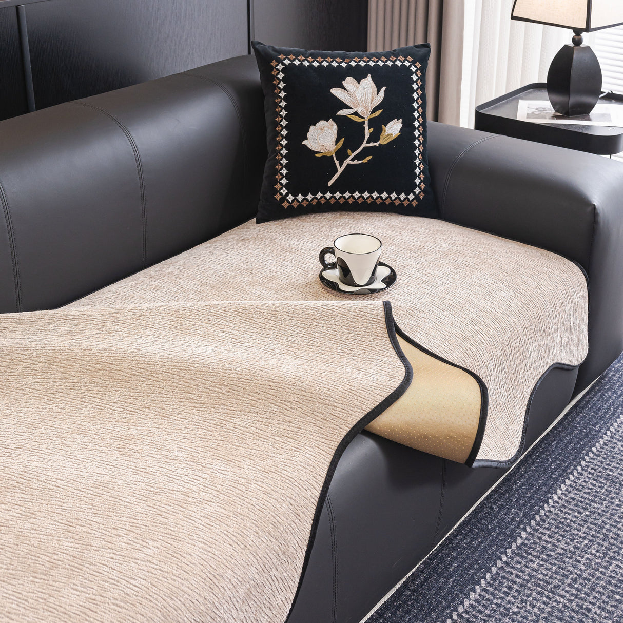 Chenille Couch Cover with Scalloped Edge, Non-Slip Modular Slipcover