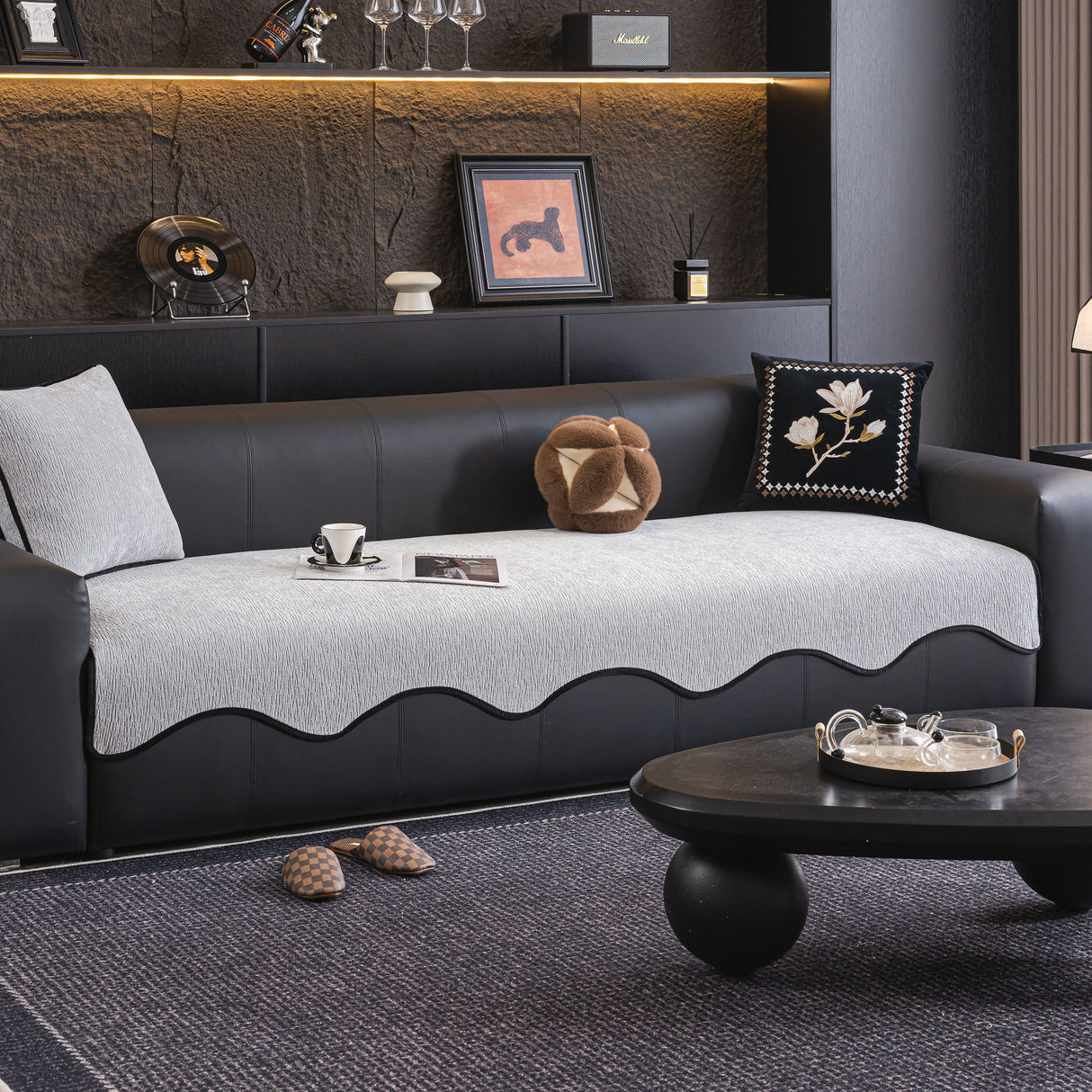 Chenille Couch Cover with Scalloped Edge, Non-Slip Modular Slipcover