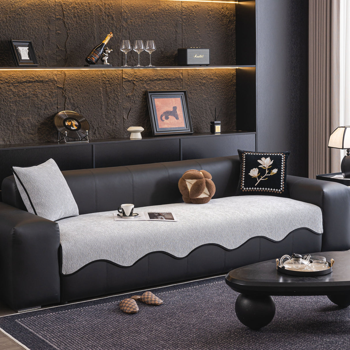 Chenille Couch Cover with Scalloped Edge, Non-Slip Modular Slipcover