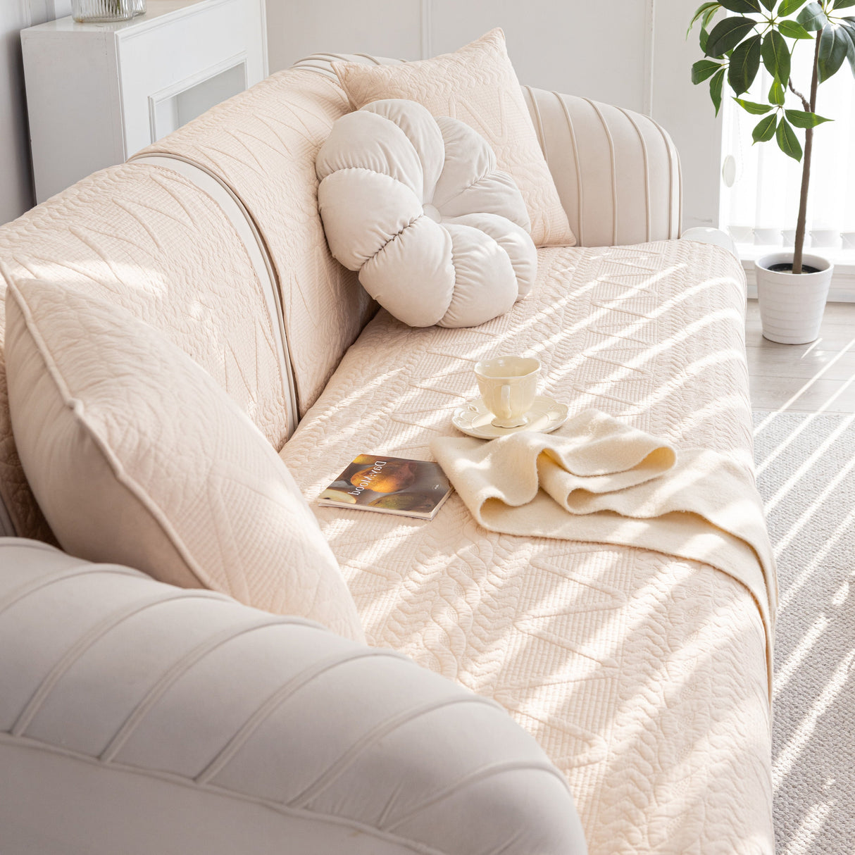 Geometric Textured Cotton Quilted Sofa Cover, Non-Slip Washable Couch Protector
