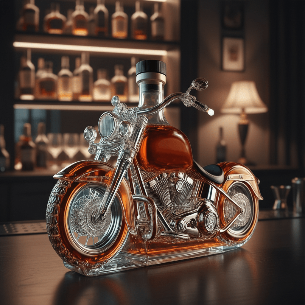 Motorcycle Engine Whiskey Decanter Glass V-Twin Liquor Bottle Bar Decor