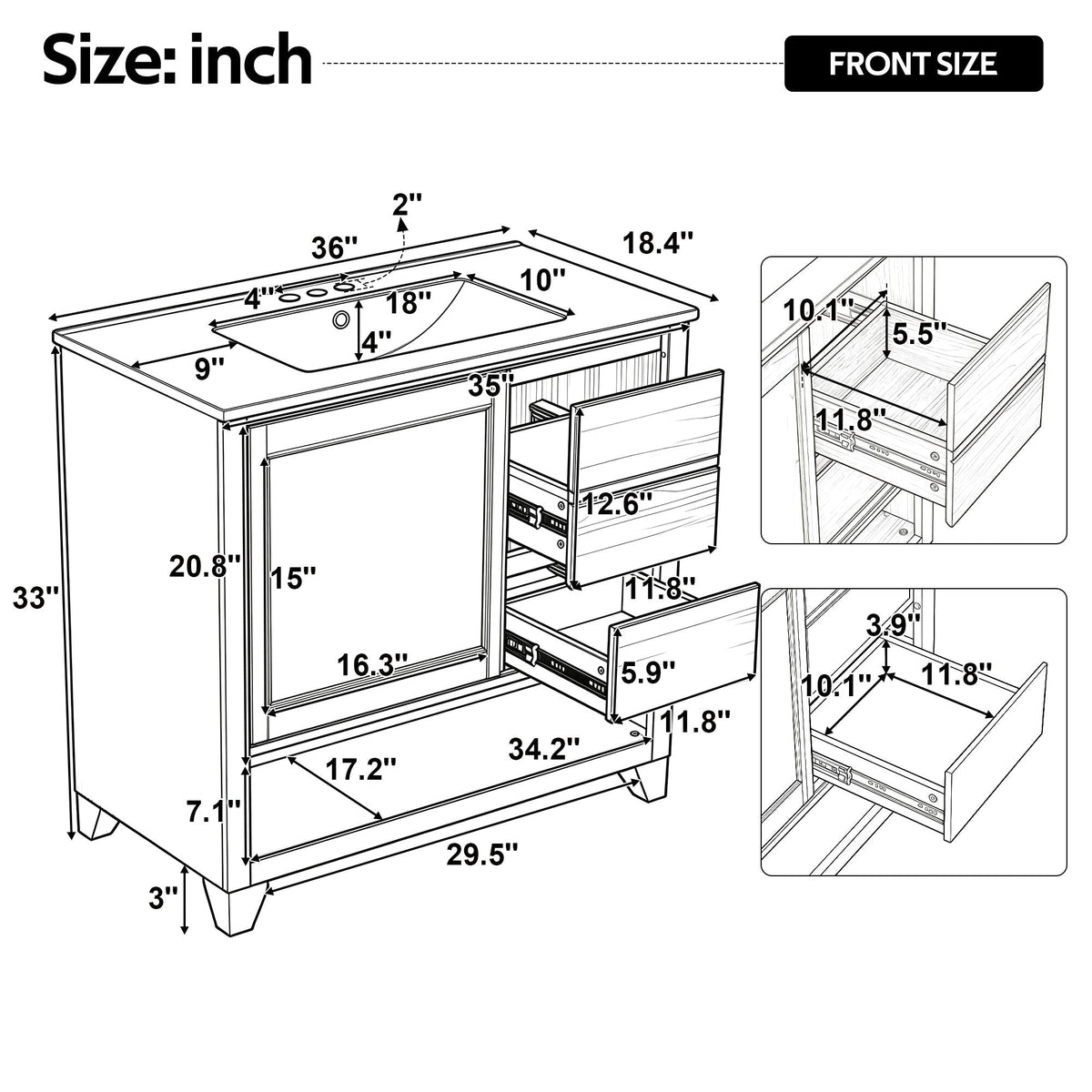 36" Bathroom Vanity with Ceramic Sink and Soft-Close Drawers - White