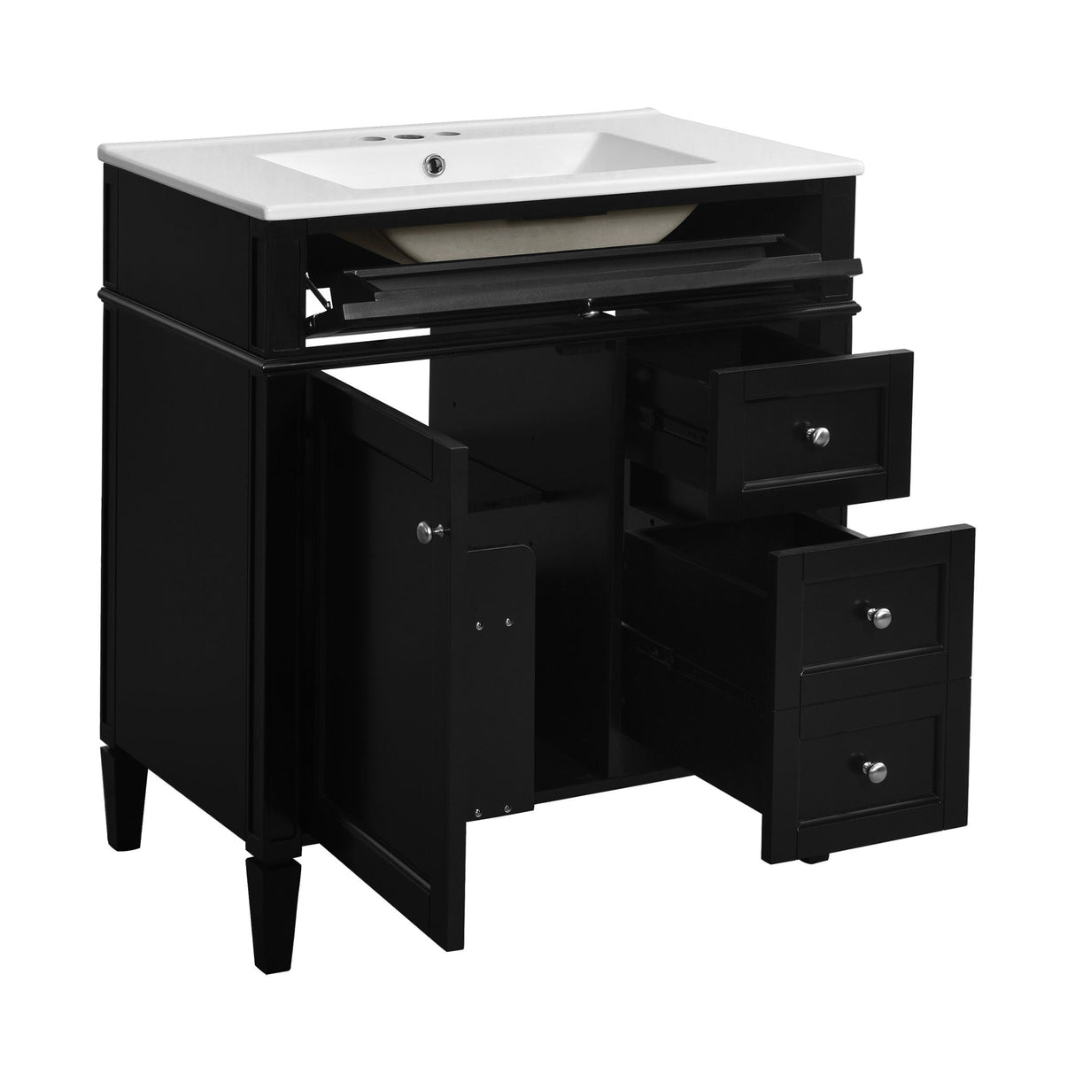 Bathroom Vanity With Top Sink, 2 Doors And 3 Drawers, Freestanding Set With Mirror Cabinet