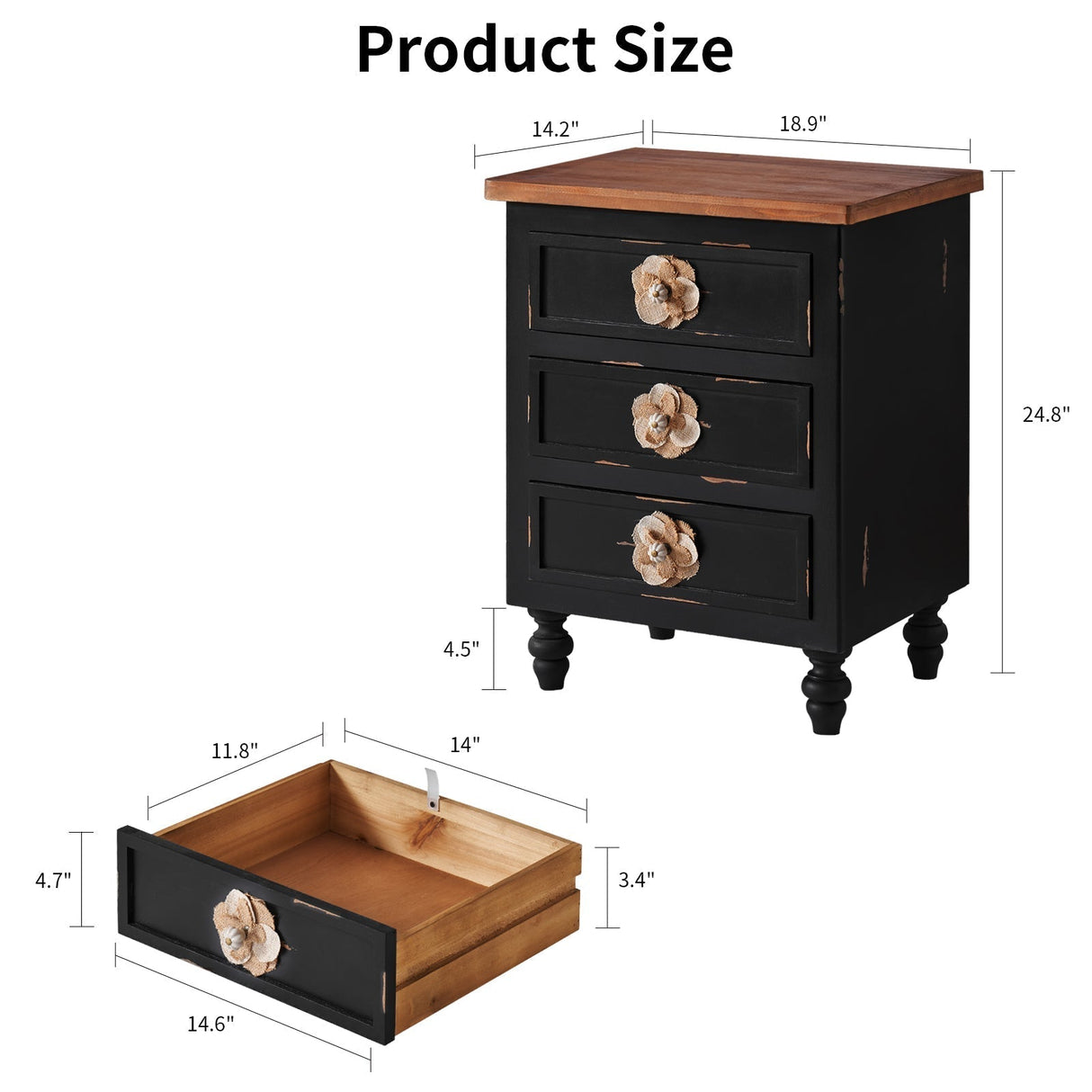 Rustic Dark Blue 2-Drawer Wooden Cabinet with Aged Finish & Floral Handles