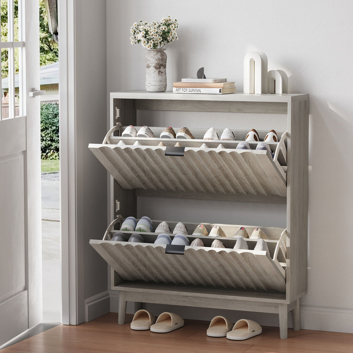 Shoe Cabinet With 2 Flip Drawers, Fluted Shoe Storage Cabinet For Entryway, Free Standing Shoe Storage Organizer With Wave Doors For Heels, Boots, Slippers In Hallway, Living Room - Gray