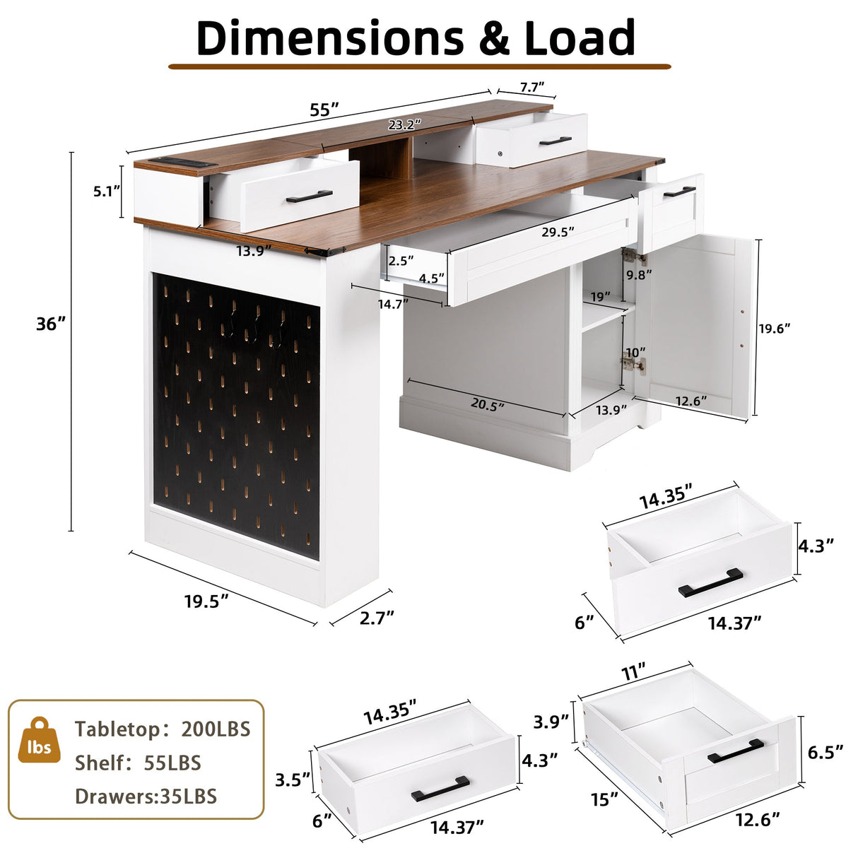 55" Farmhouse Office Desk with Storage Cabinet & Charging Station