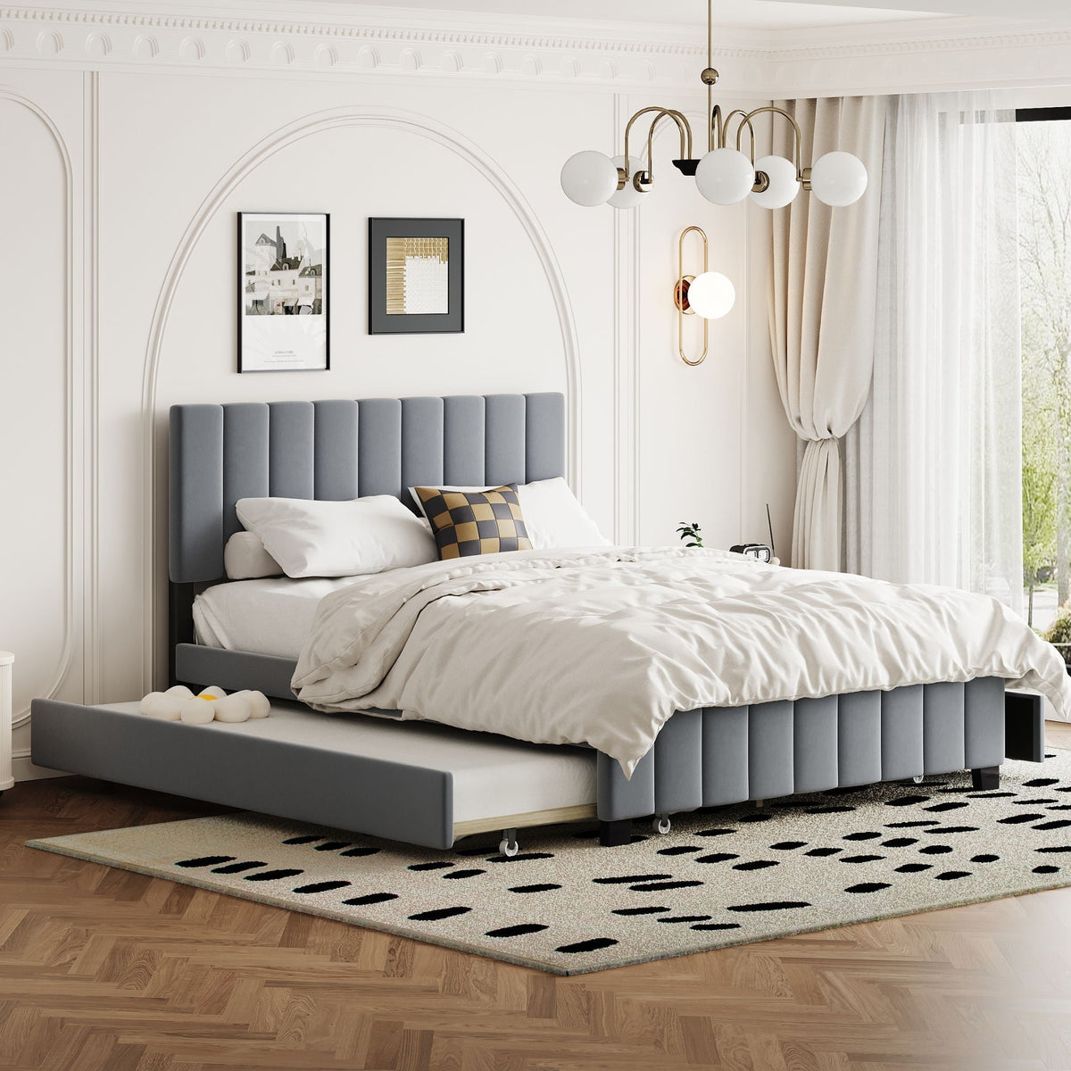 Platform Upholstered Bed with 2 Drawers and Twin Long Trundle