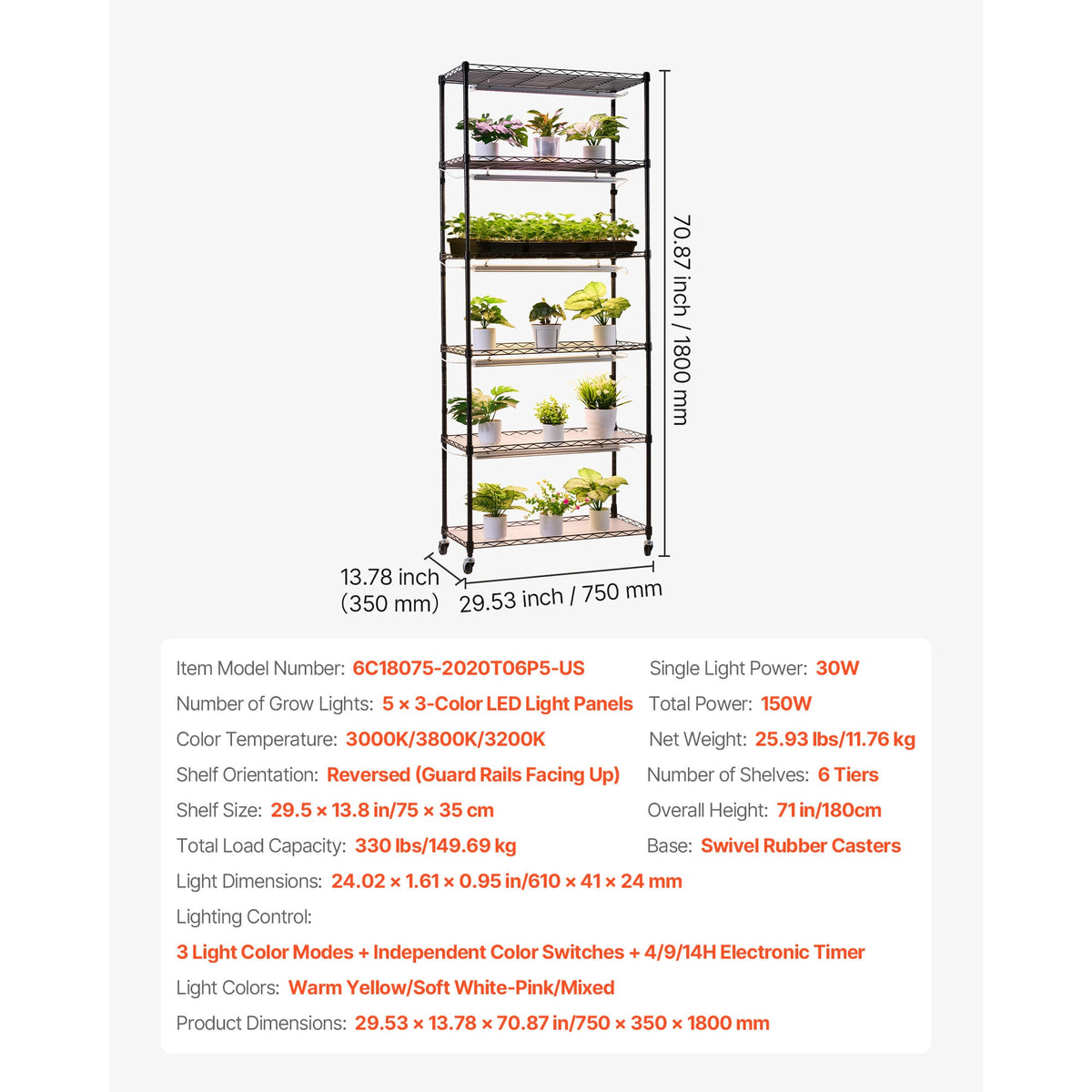 6-Tier Indoor Plant Shelf with Grow Light