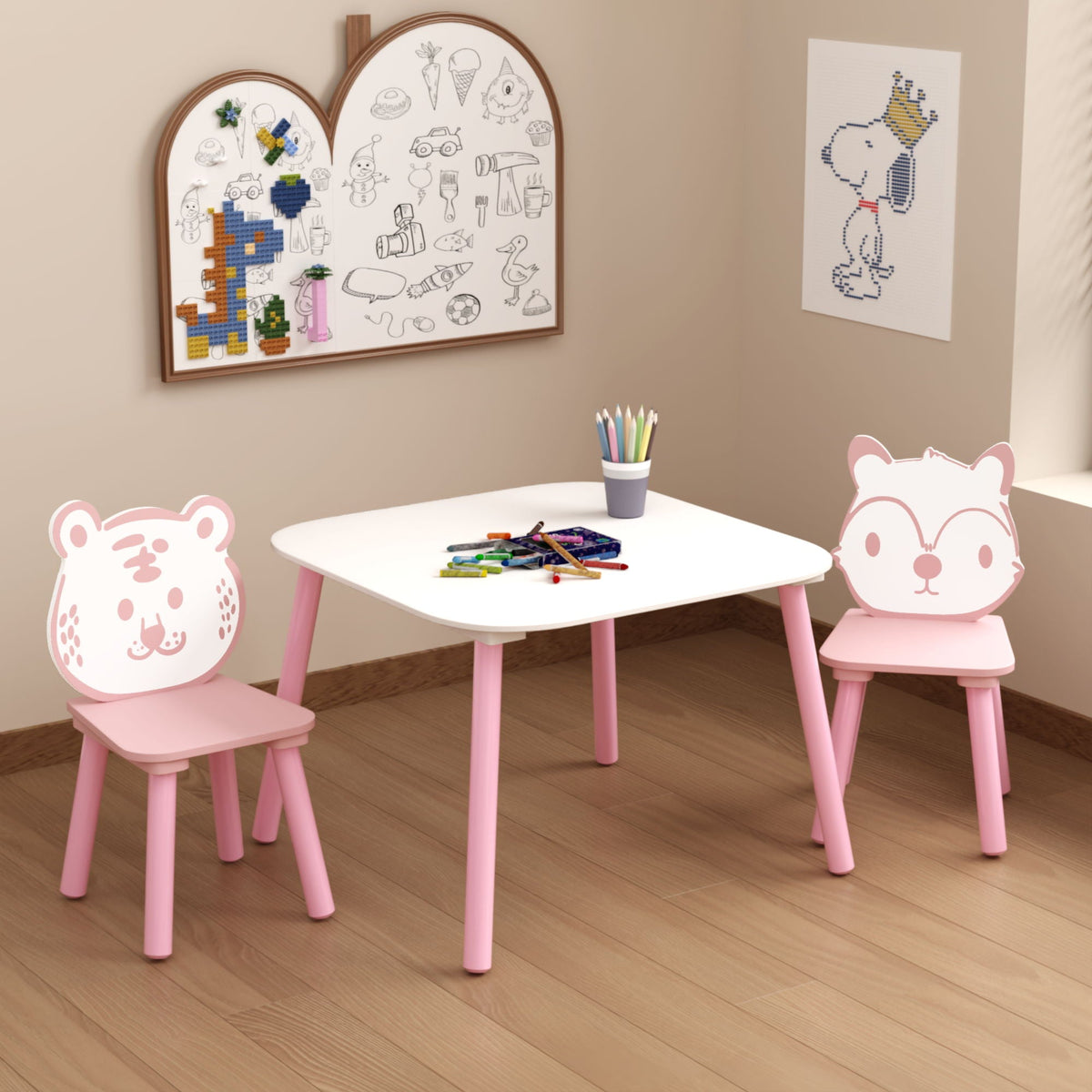 Table And Chair Set, 3 Piece Wooden Toddler Desk With Animal Backrest - Pink / White