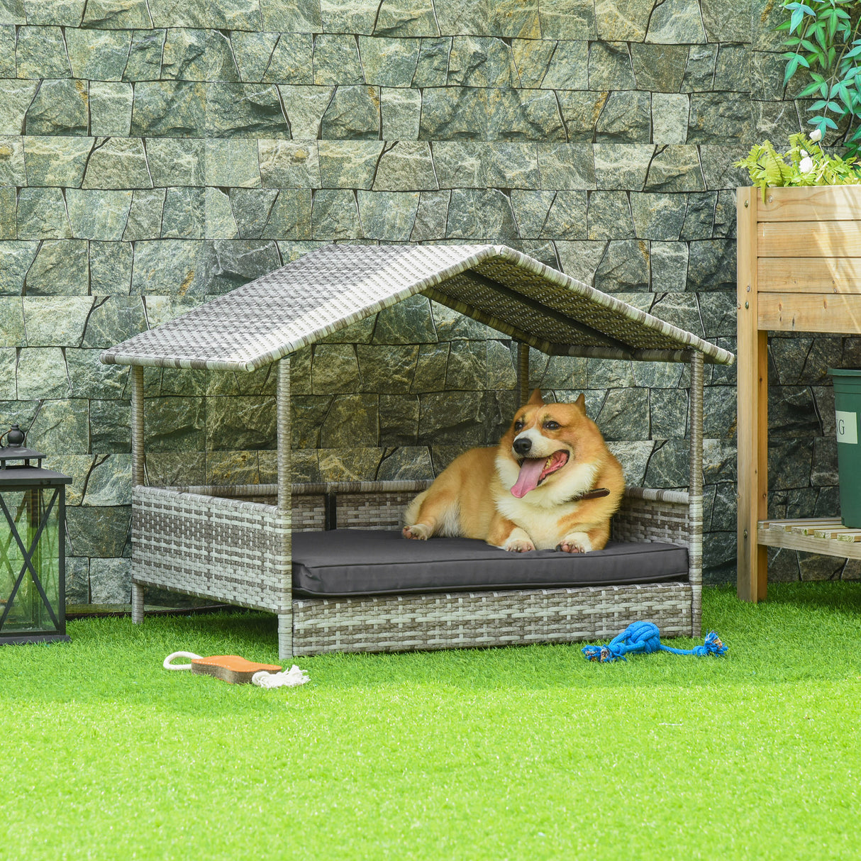 Wicker-Dog-House-Outdoor-with-Canopy,-Rattan-Dog-Bed-with-Water-resistant-Cushion-Pet