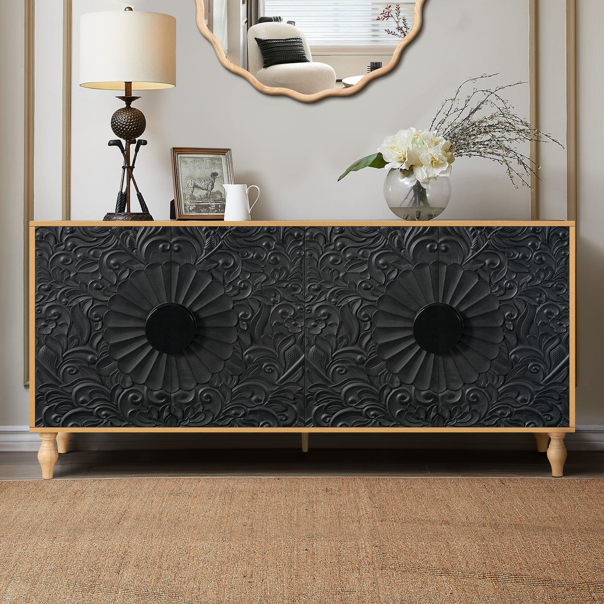 Black Carved Symmetrical Design Door And Wood Coloured Frame TV Stand