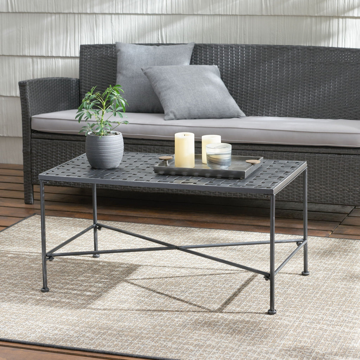 Luna Outdoor Iron Coffee Table - Black Brush Silver