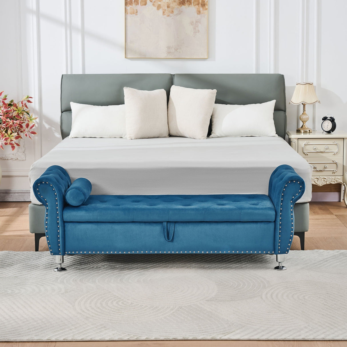 Storage Bench With Crystal Buttons And 1 Pillow For Bedroom