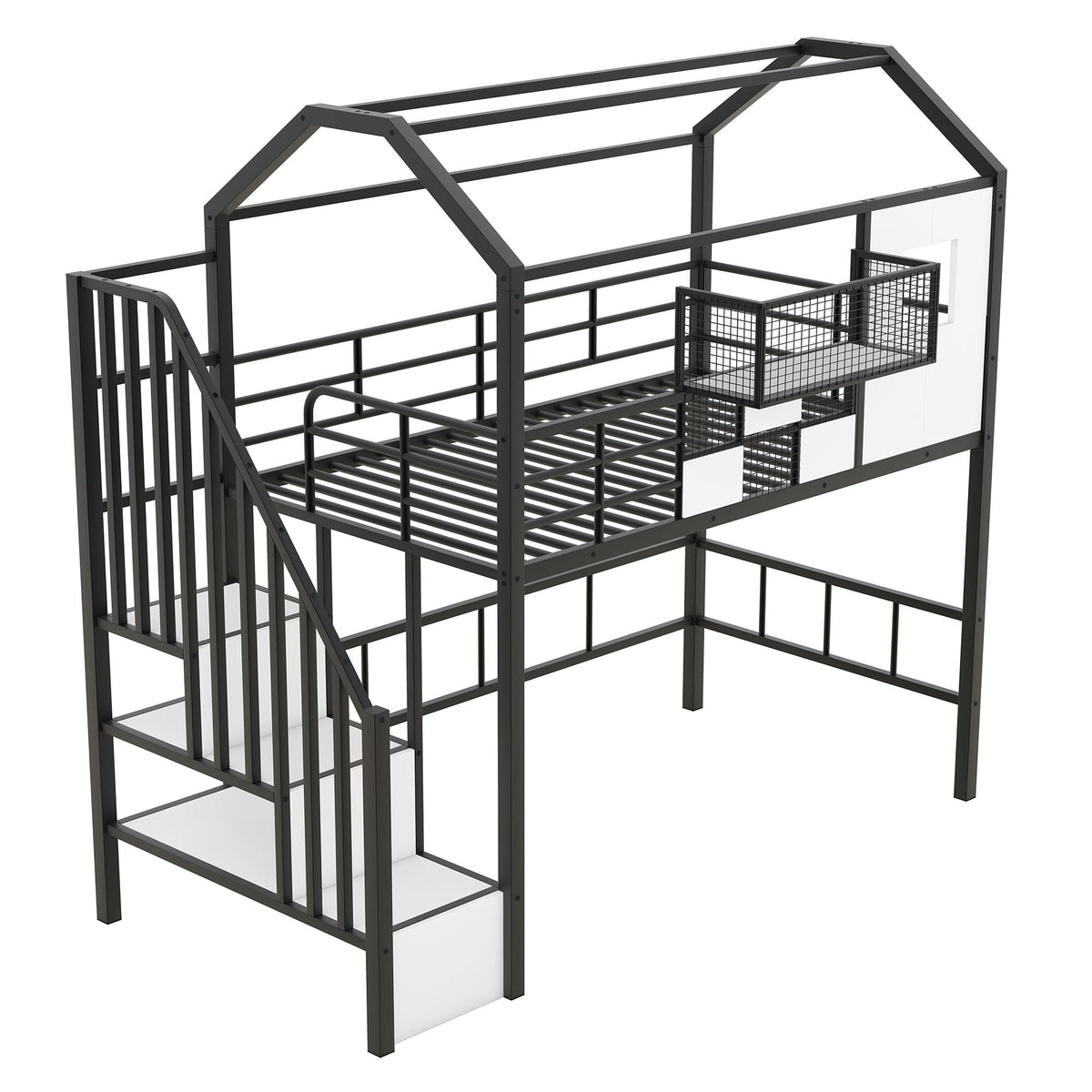 Metal Loft Bed With Roof Design And Storage Box With Guardrails And Integrated Ladder