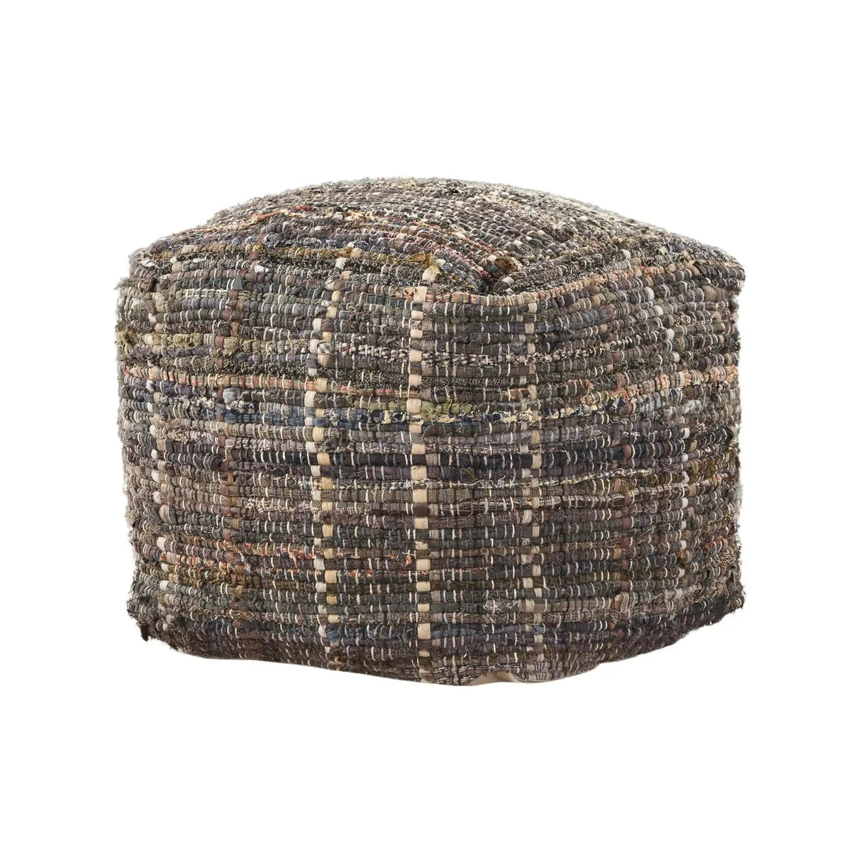 Koki Handcrafted Accent Pouf Recycled Denim And Paper Chindi - Khaki