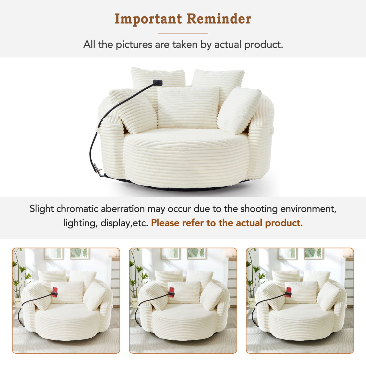 Swivel Accent Barrel Chair With Adjustable Phone Holder, 5 Pillows For Living Room