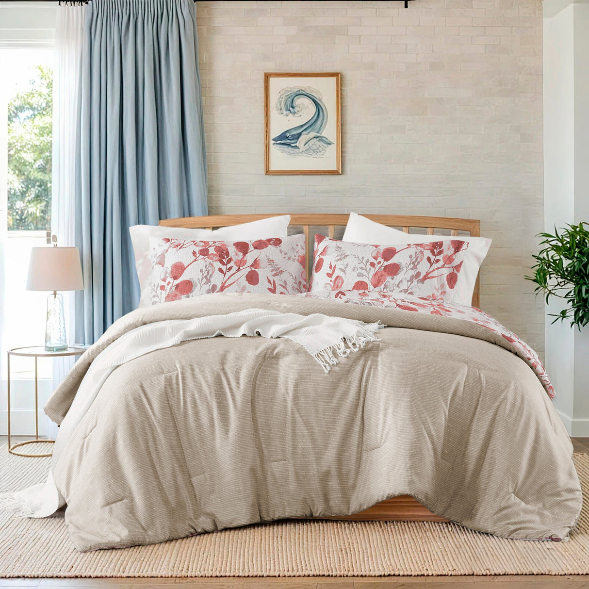 3-Piece King/Cal King Reversible Floral Botanical Seersucker Comforter Set
