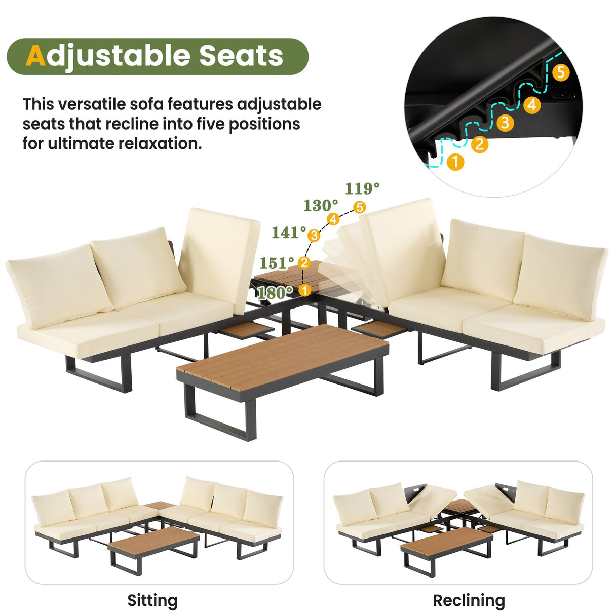 Outdoor Sectional Sofa Set with Adjustable Reclining Seats