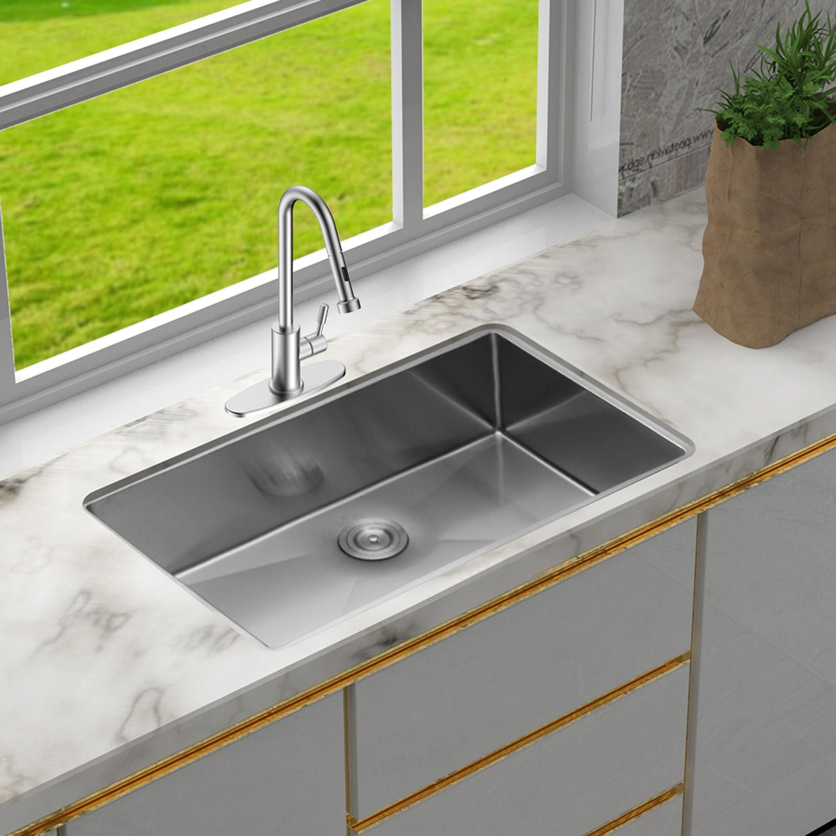 28" Undermount Kitchen Sink With 10" Deep Single Bowl in Brushed Nickel