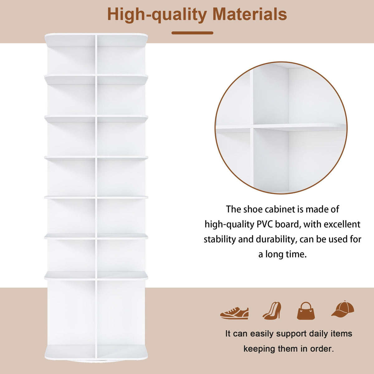 7 Tier Square Rotating Shoe Rack Tower with 360° Spinning Organizer - White