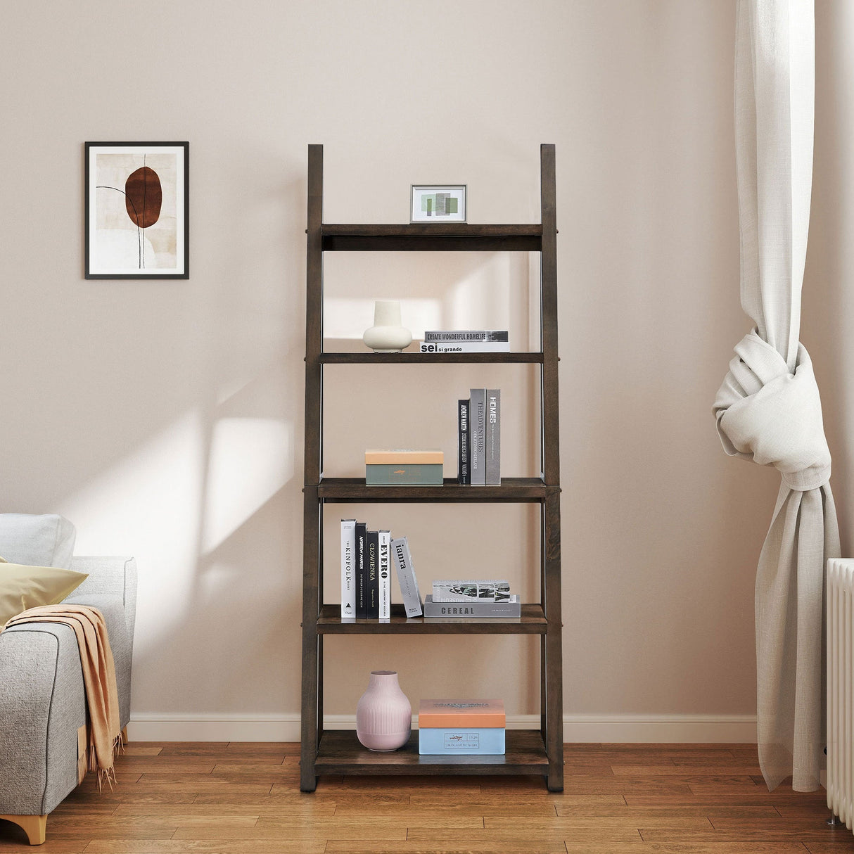 5-Tier Rubber Wood Bookshelf Ladder Storage Rack