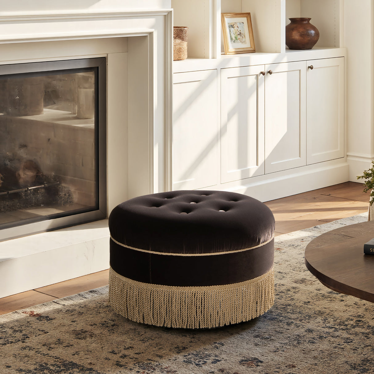 Yolanda 24" Round Upholstered Accent Ottoman Deep Brown Performance Velvet