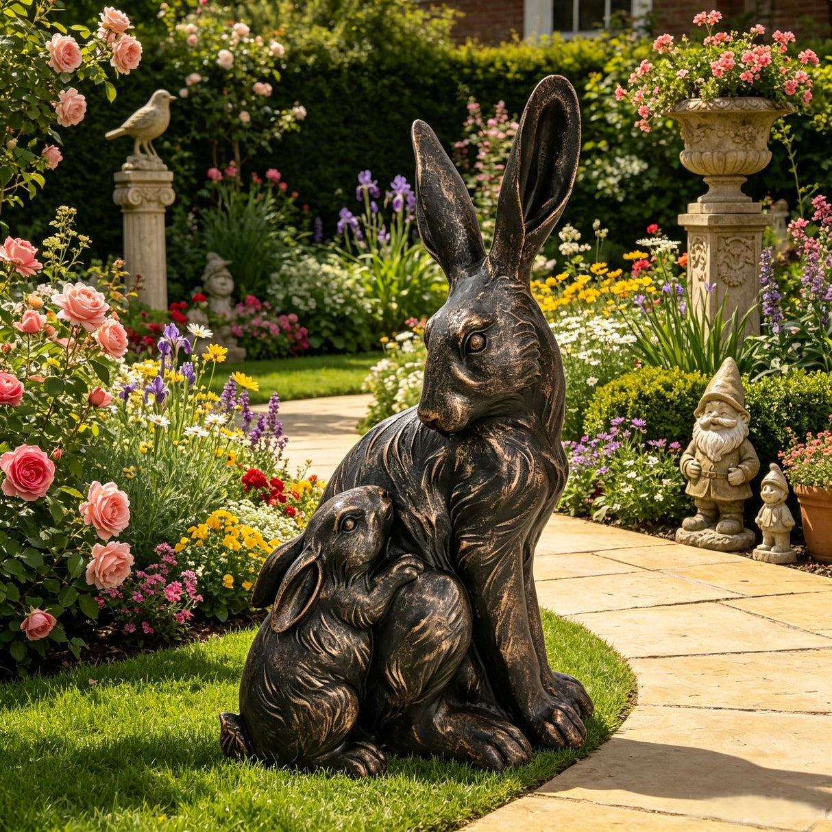 21'' Tall Mother Hare & Baby Cuddling Garden Statue
