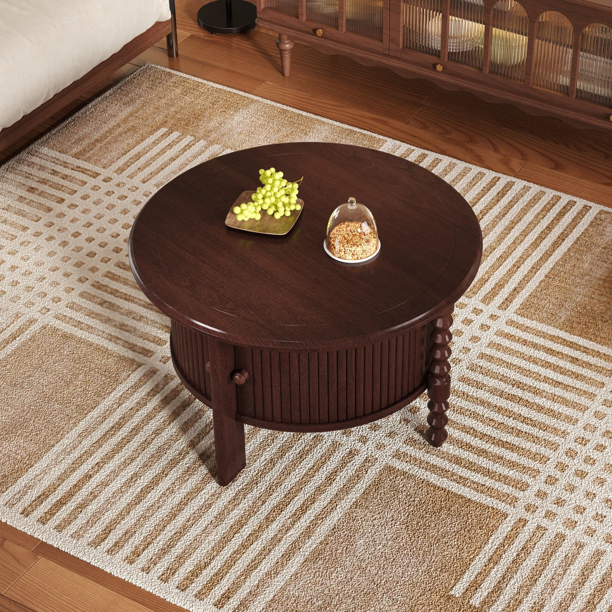 Vintage Round Coffee Table with Storage in Walnut