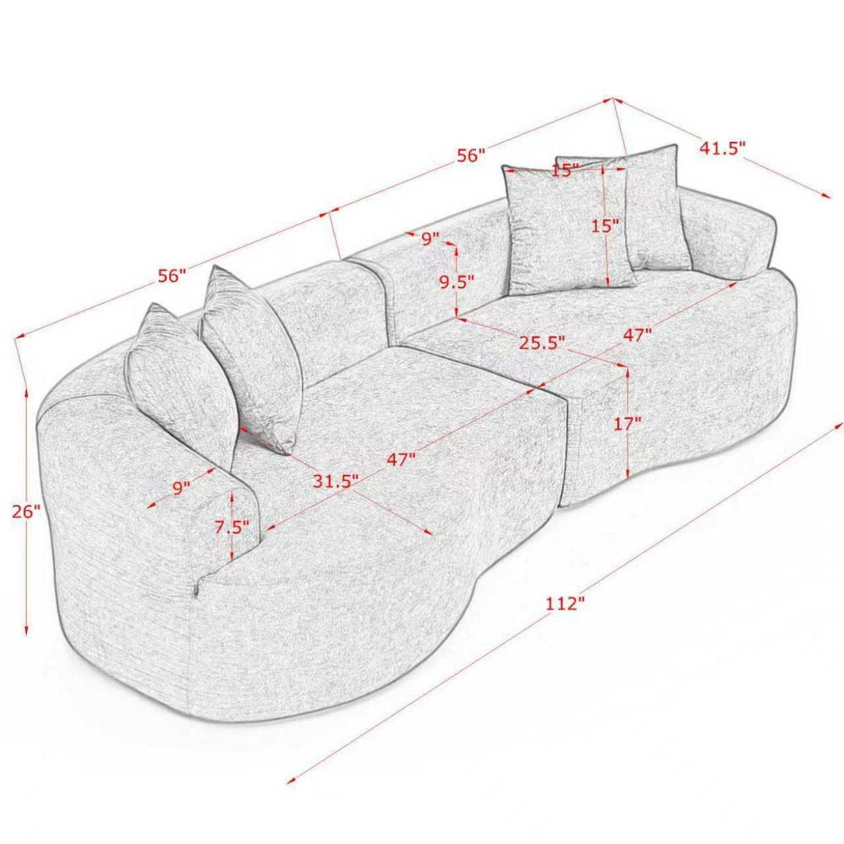 Cloud 4 Seater Sectional Curved Sofa, Minimalist Design - Light Brown