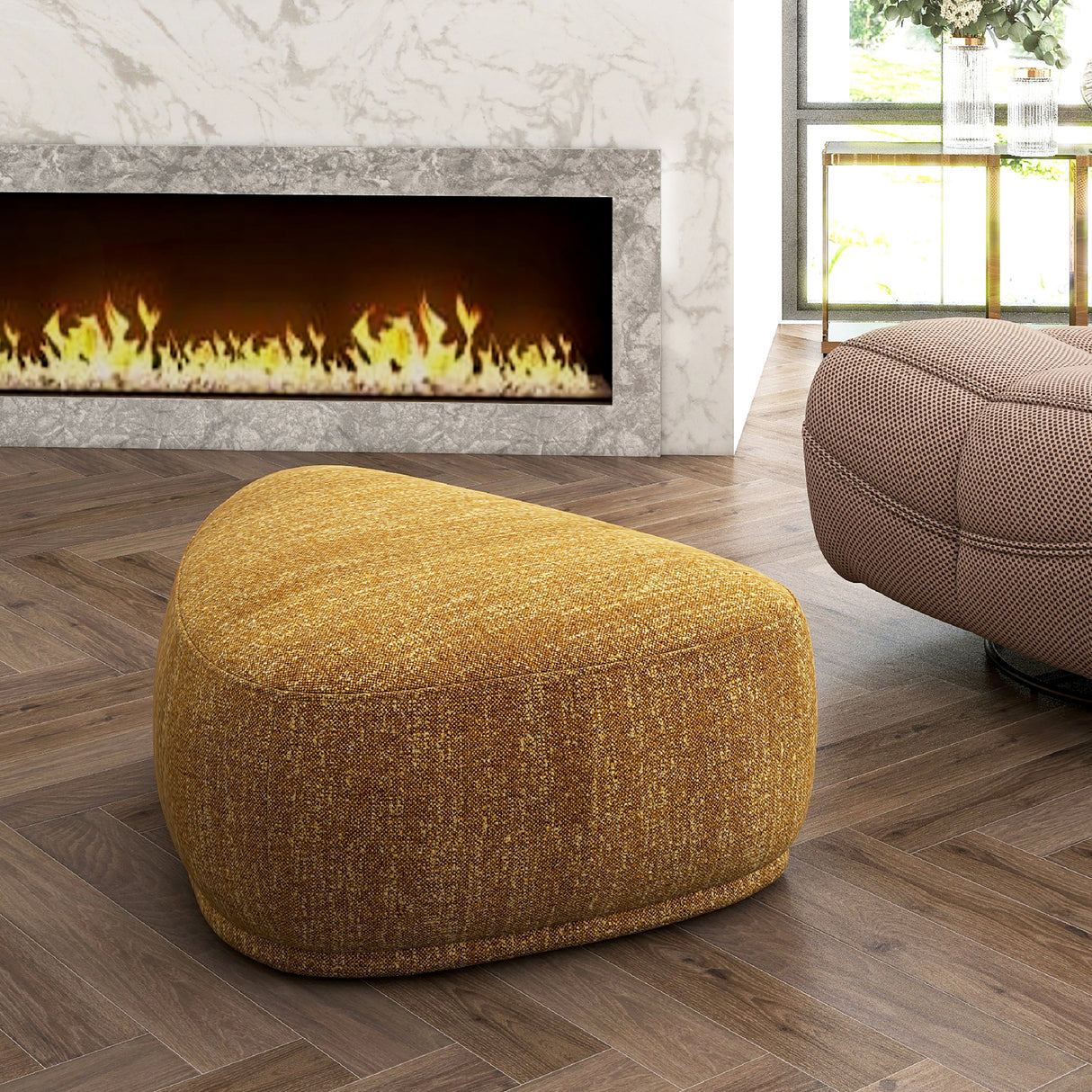 Pebble-44'-Rounded-Triangle-Cocktail-Ottoman,-Mustard-Yellow-Tweed-