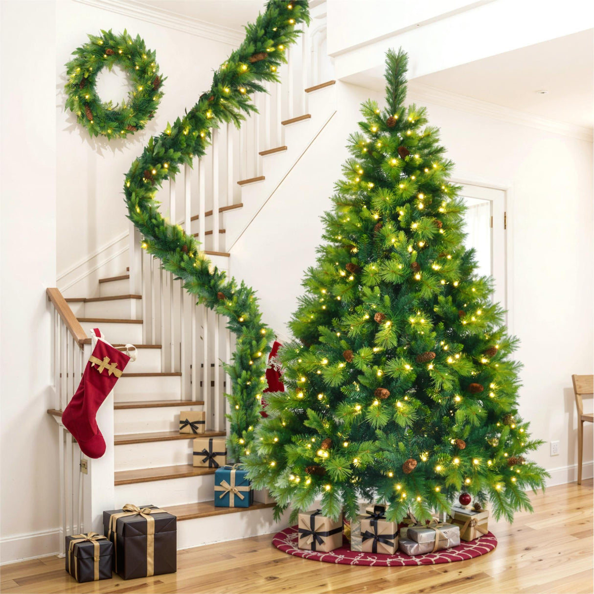 6FT-Grass-Green-Christmas-Tree-3-PC-Pre-Lit-Set-with-Tree-&-Garland-&-Wreath,-Hinged-Xmas-Tree-Christmas-Tree
