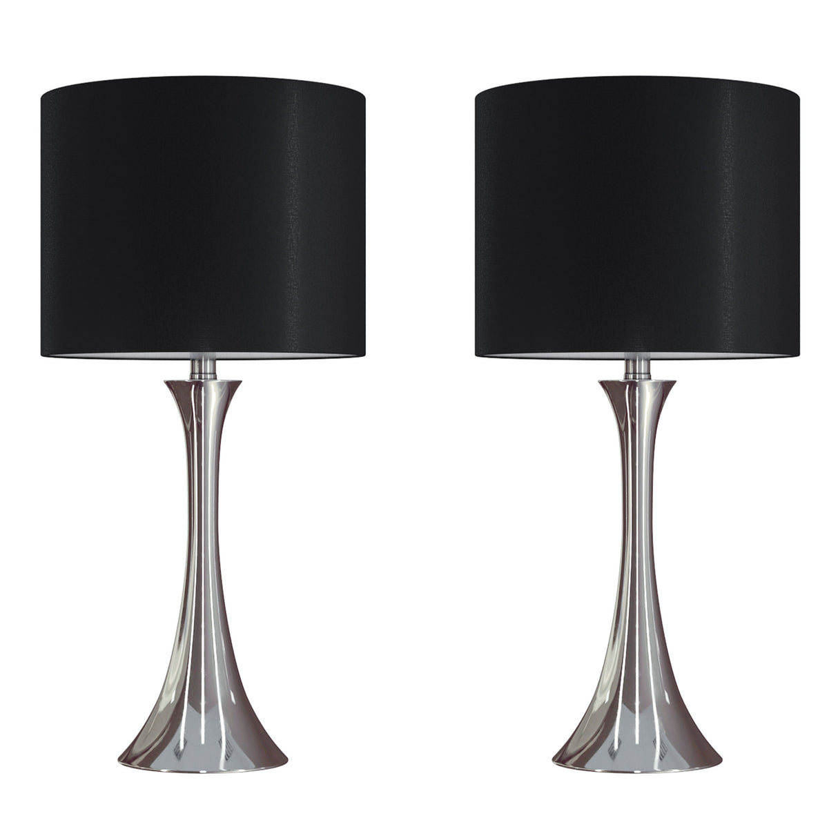 Lenuxe 24' Contemporary Metal Table Lamp Set in Polished Nickel with Black Silk-like Shade