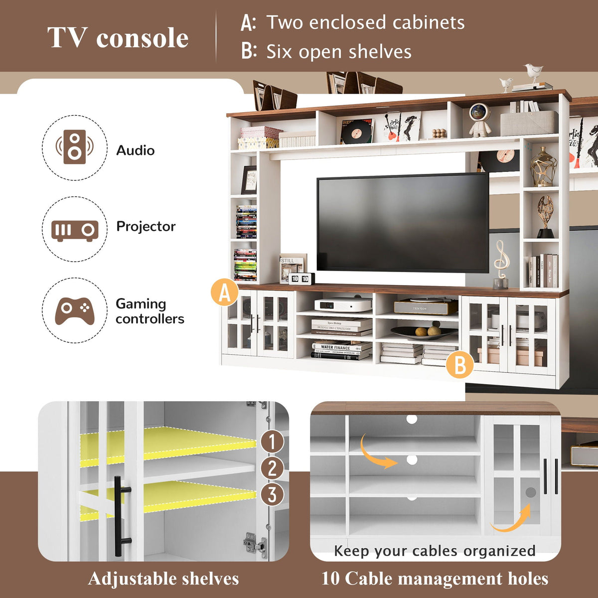Wall Unit Entertainment Center With Bookshelves For TVs Up To 80", Tempered Glass Doors And Adjustable Shelves