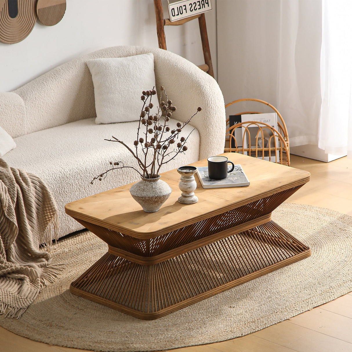 Mid-Century Modern Coffee Table with Woven Bamboo Base