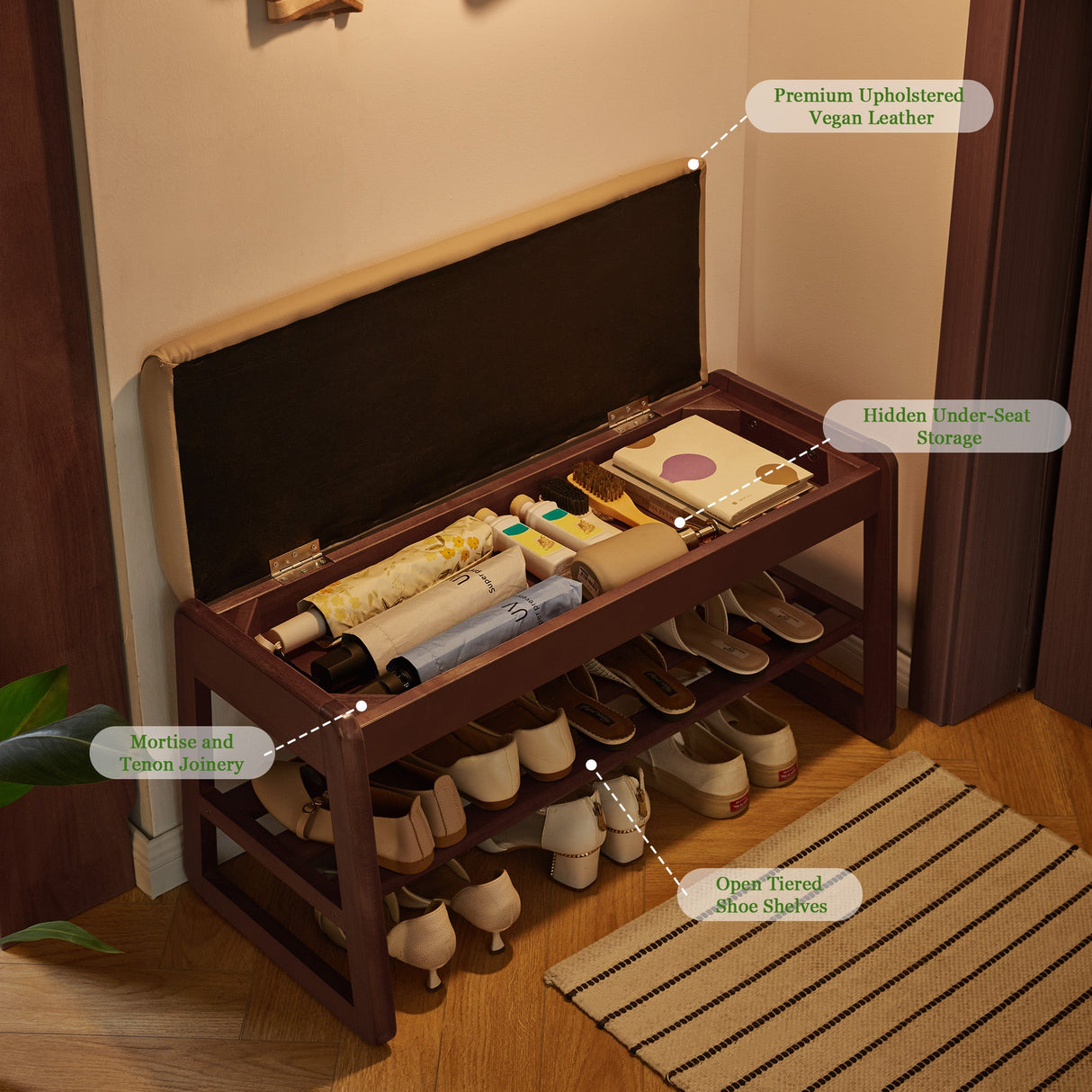 Wood Shoe Storage Bench with Premium Vegan Leather Seat