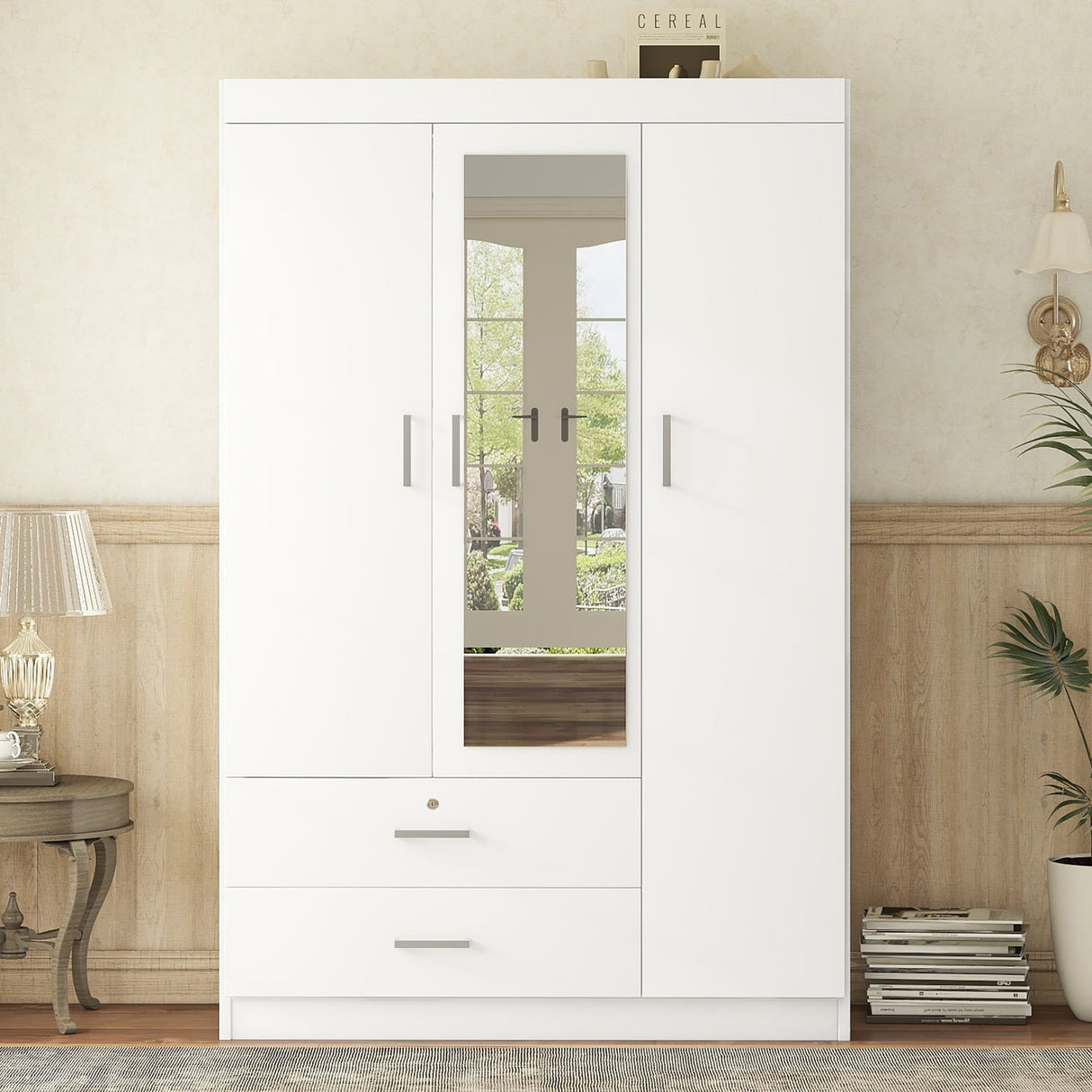 3-Door Mirror Wardrobe with Shelves, White