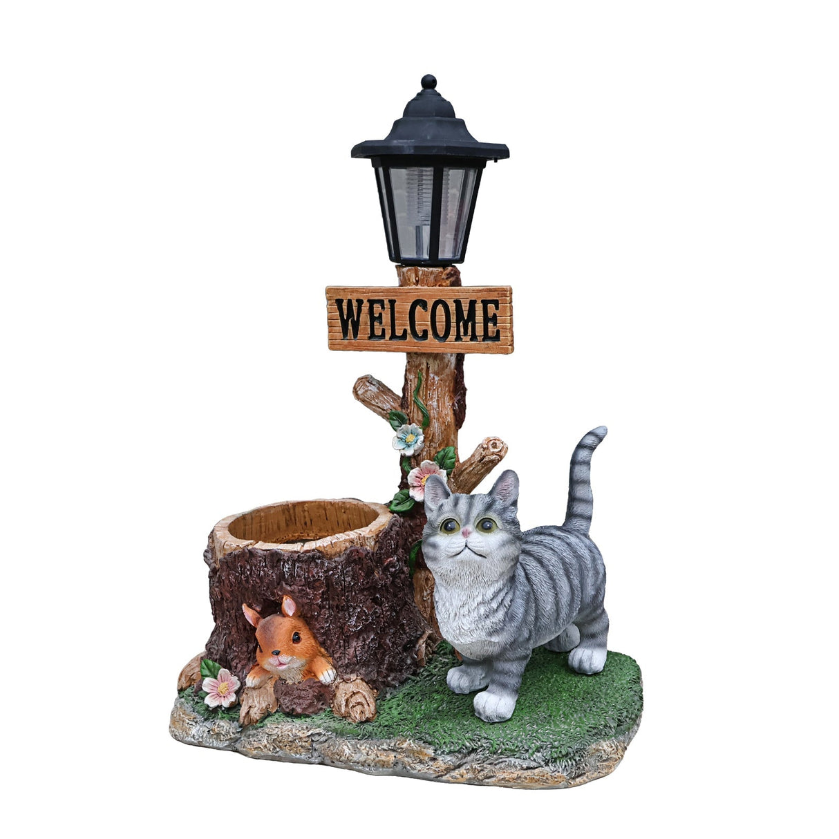 Cat Solar Planter Statue for Outdoor Decor