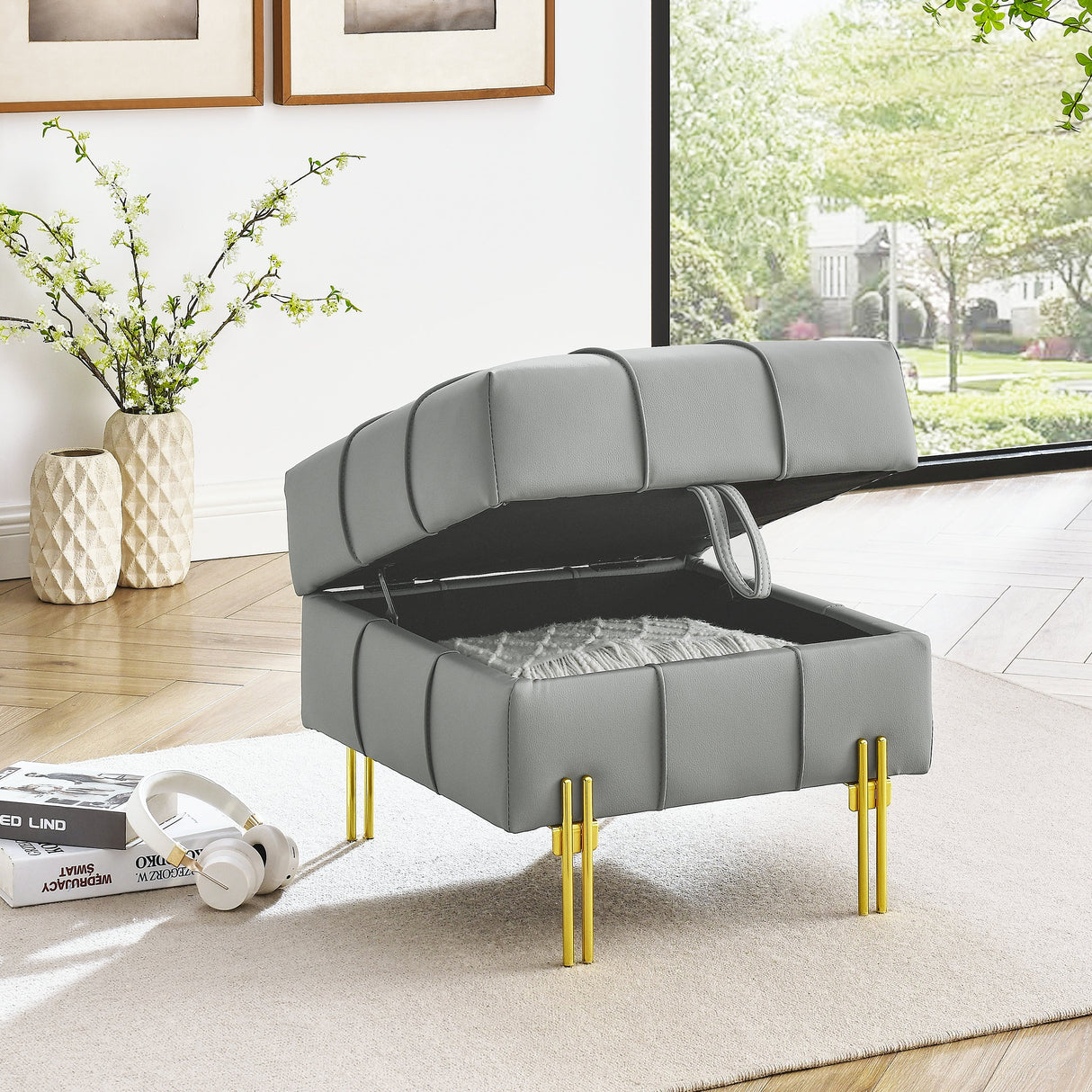 22 Inches Anti-Scratch Leather Storage Ottoman