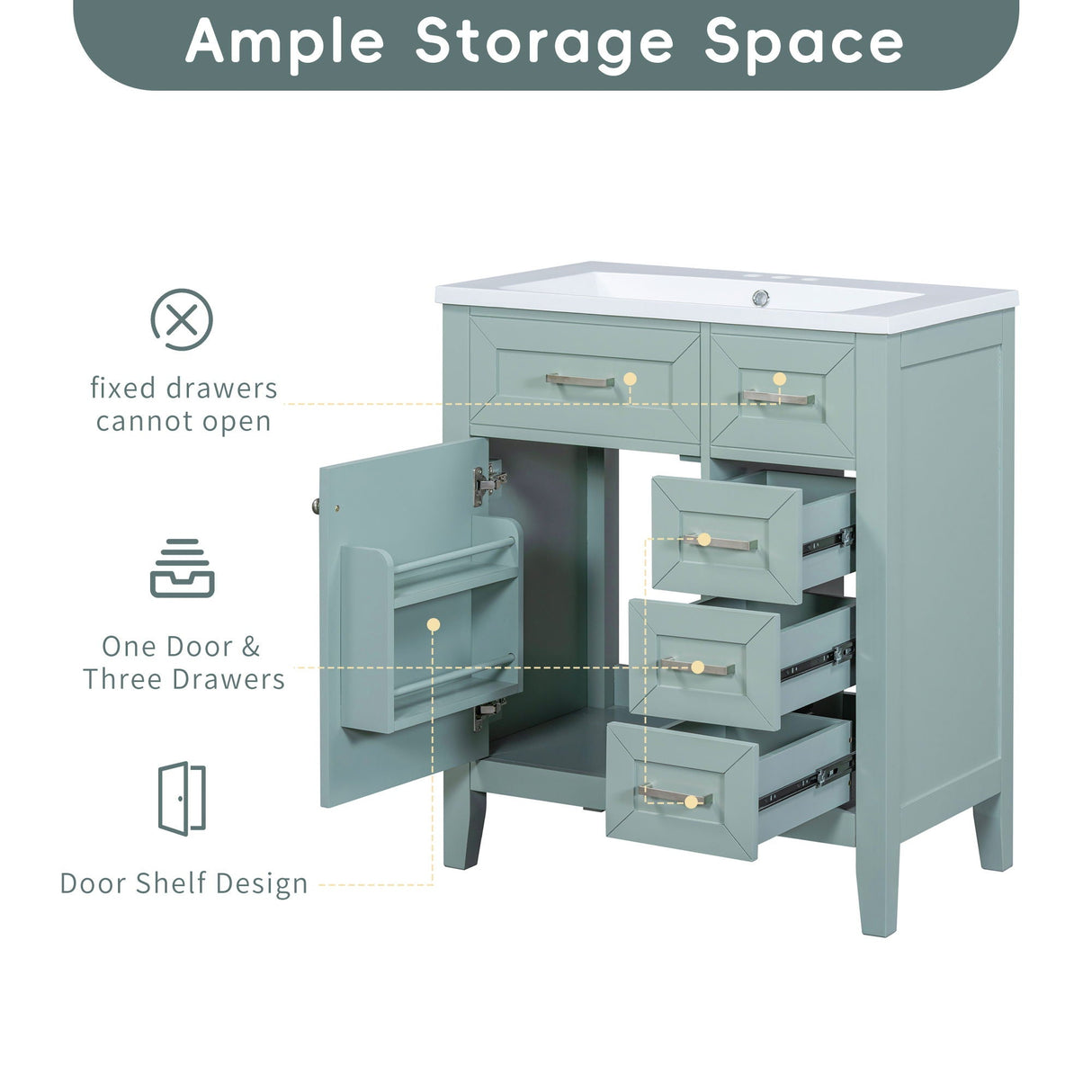 30" Bathroom Vanity Without Sink, Cabinet Base Only, Bathroom Cabinet With Drawers - Green