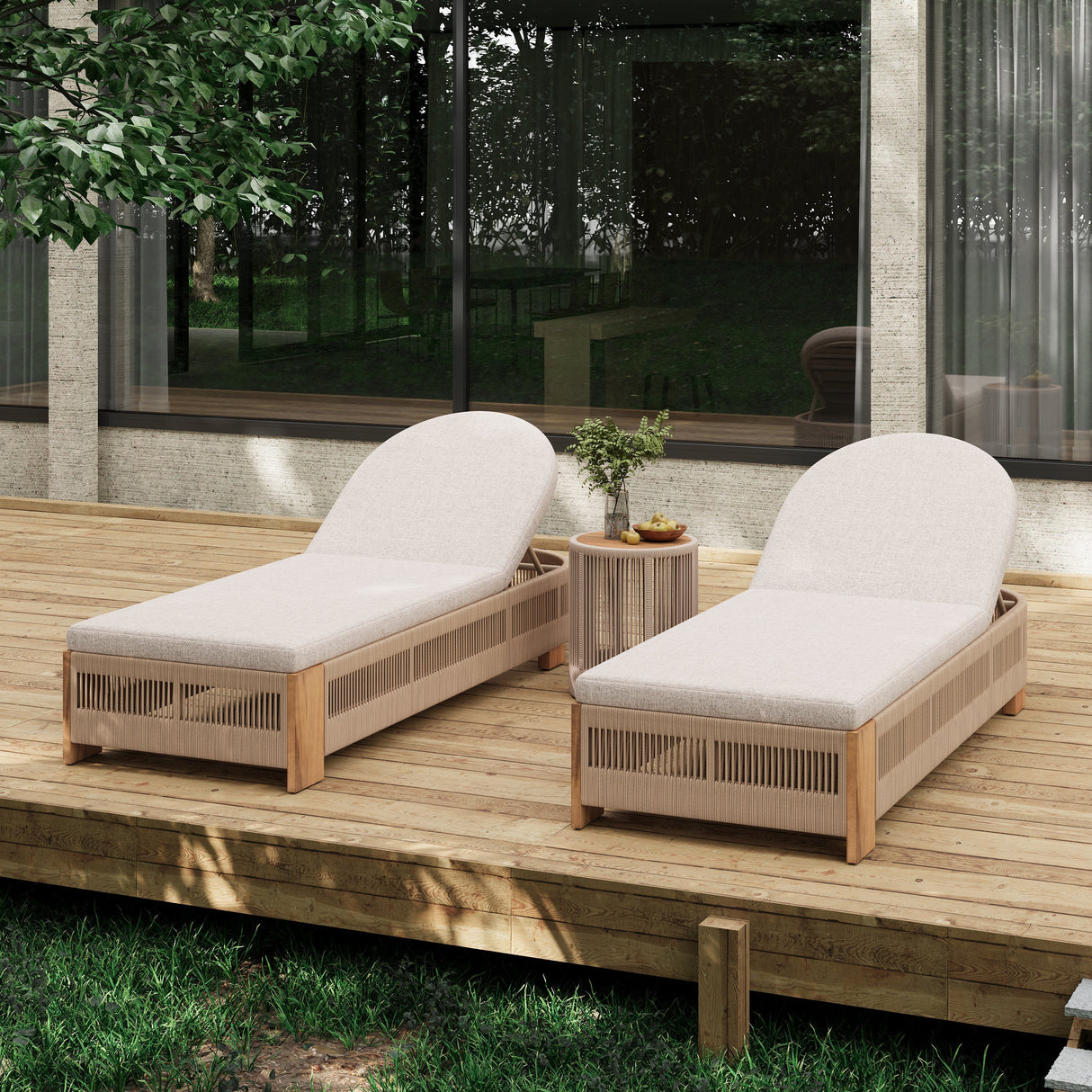 Outdoor Rope Chaise Lounge Set with Adjustable Backrest and Teak Look Side Table