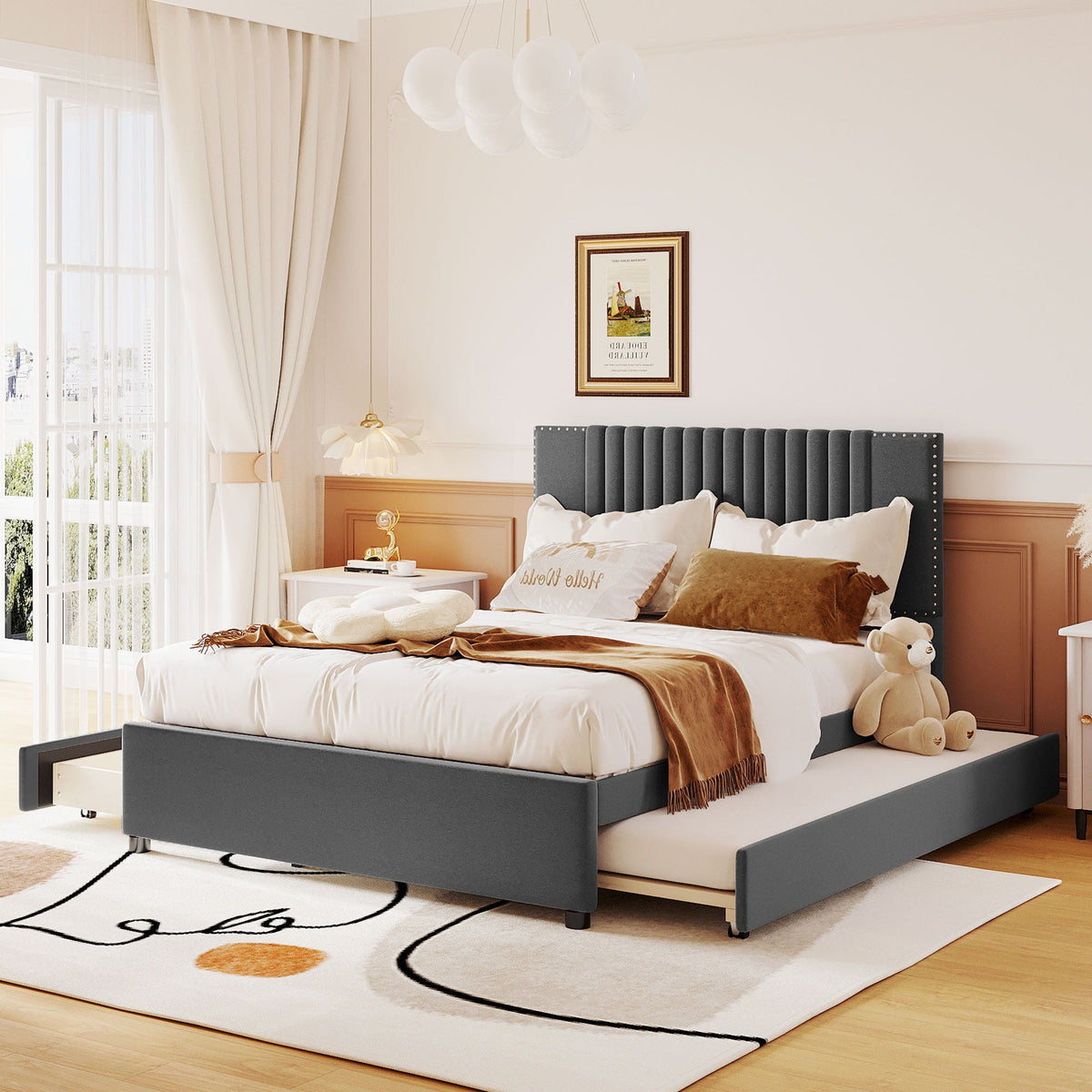 Upholstered Platform Bed With Drawers, Classic Headboard Design