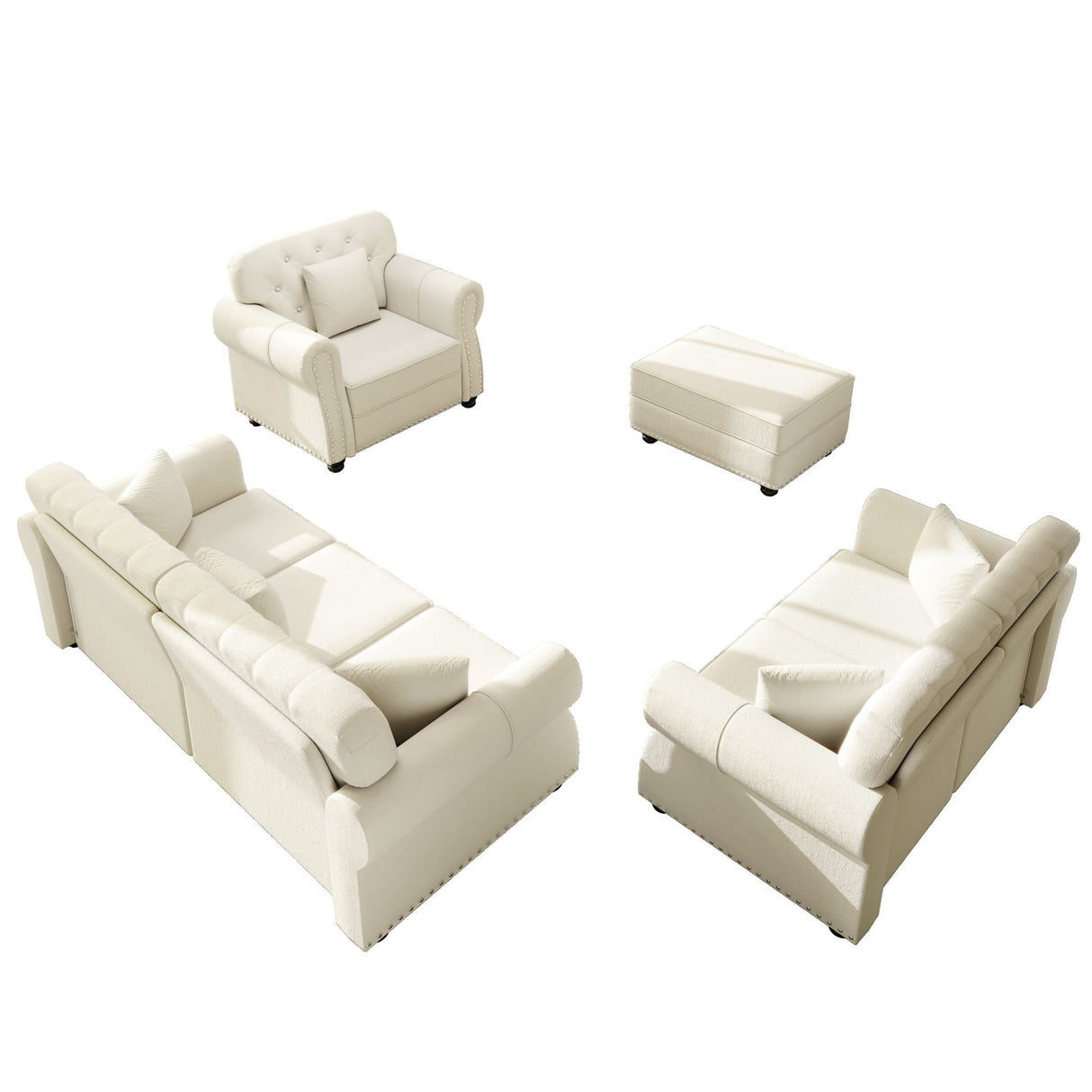 Upholstered Sofa Set With Nailhead Trim and Rolled Armrests, Includes Pillows
