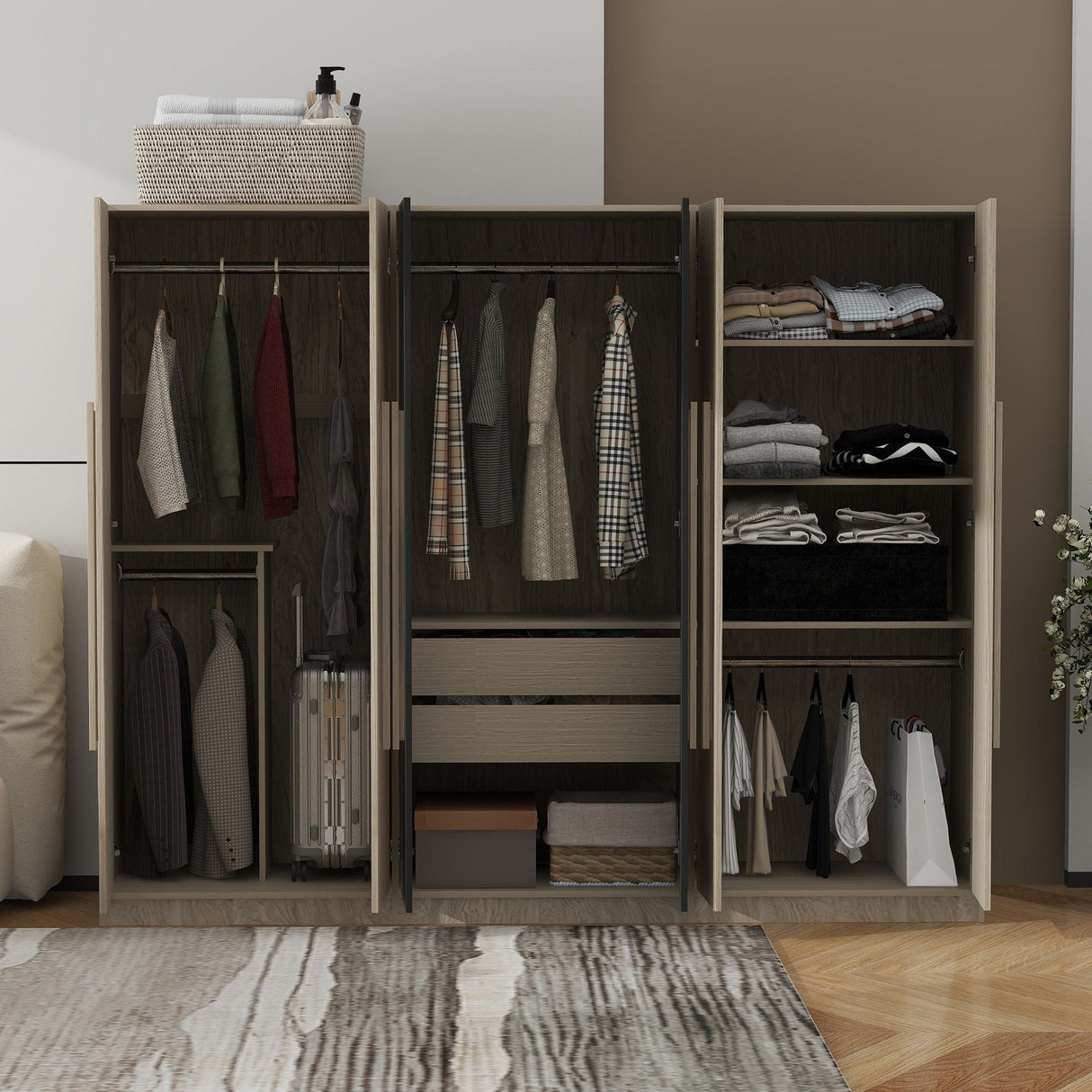 6 Doors Wardrobe Storage For Bedroom, With 2 Drawers Inside - Black / Nature