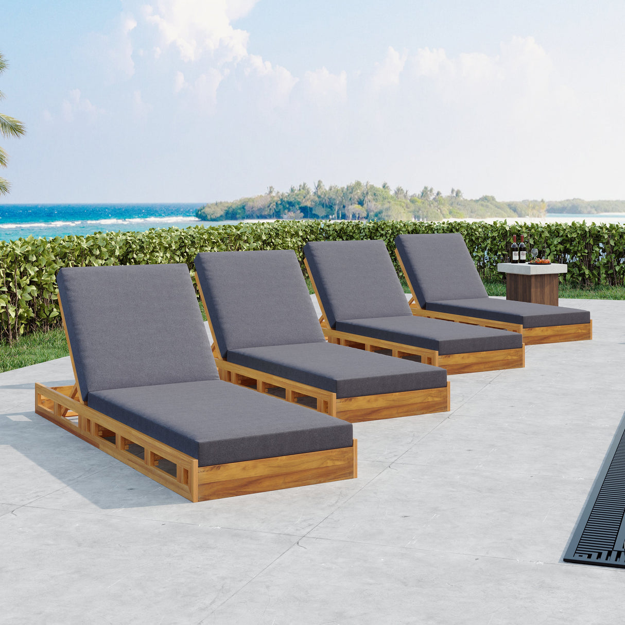 Lounge Chaise Set - Acacia Wood with Water-Resistant Cushions
