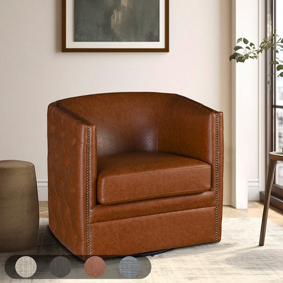 Barrel Swivel Chair with Button Tufting and Nailhead Trim