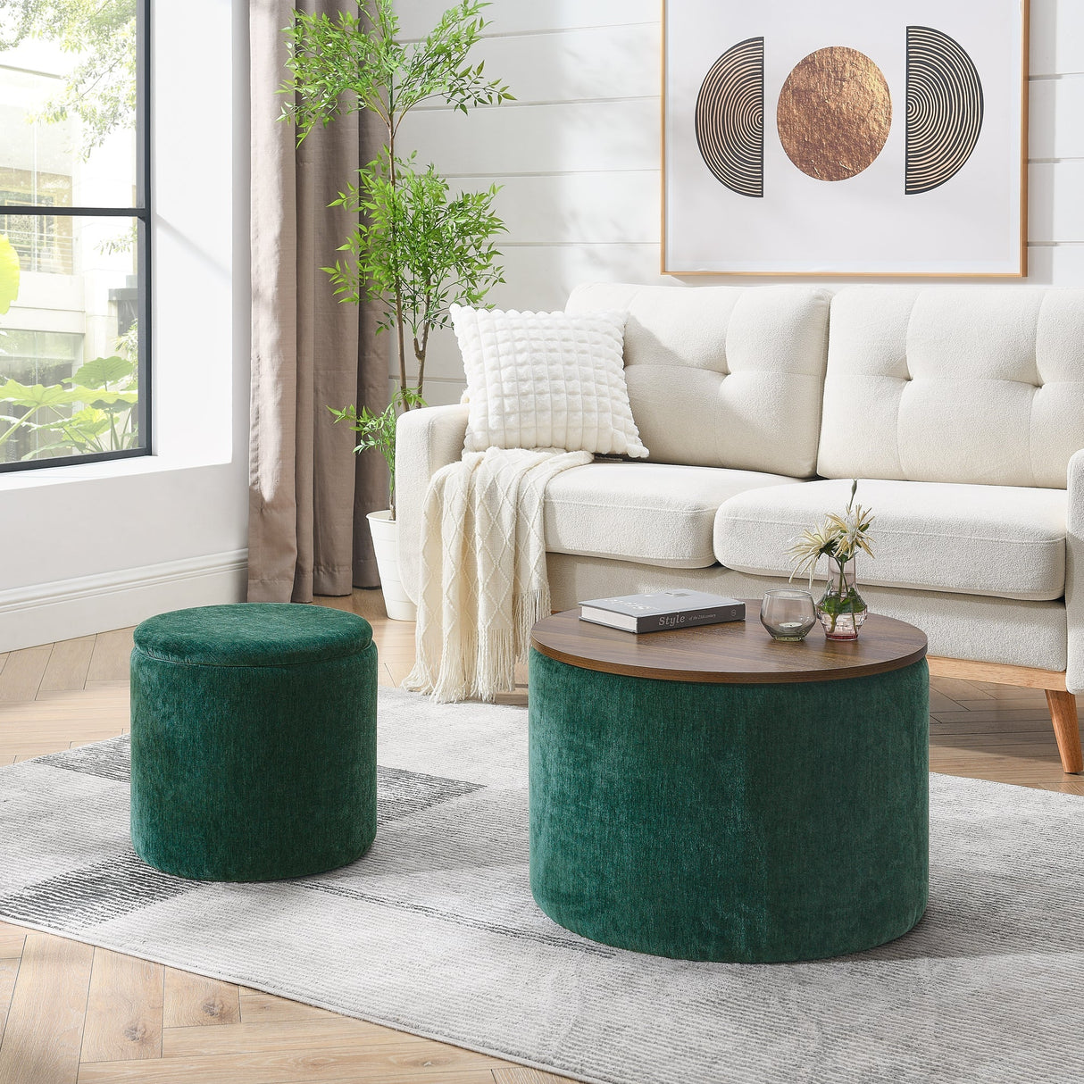 Classic Style 2-Piece Round Chenille Storage Ottoman Set with Drum Shaped Stool