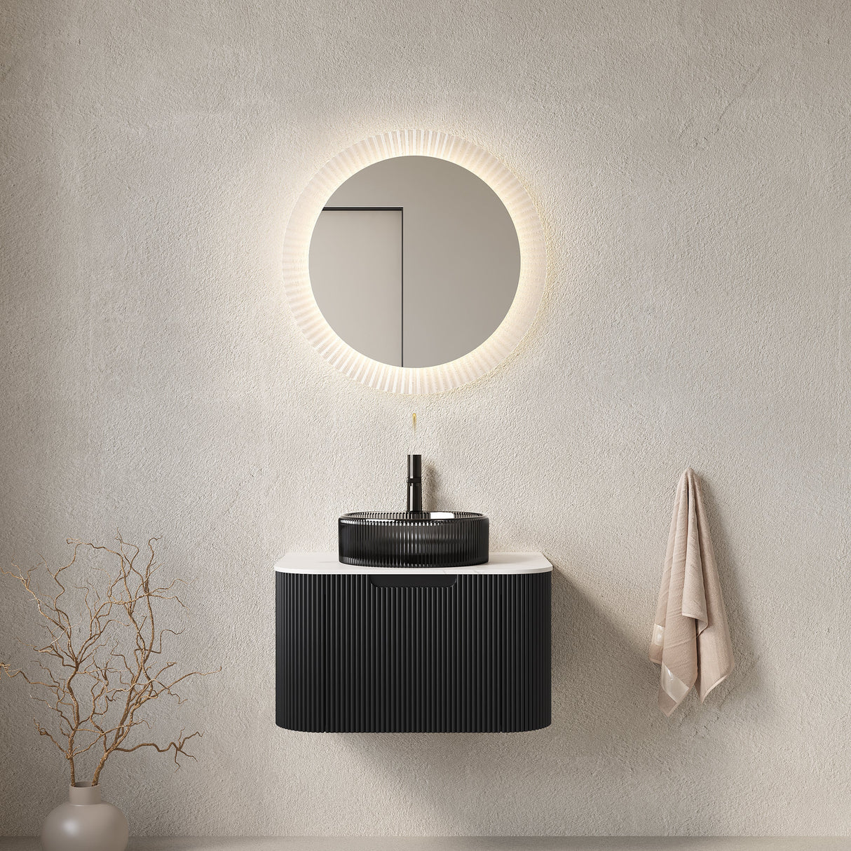 DINA 24" Bathroom Vanity & Sink, Floating Curved Edges with Striped Plywood Cabinet