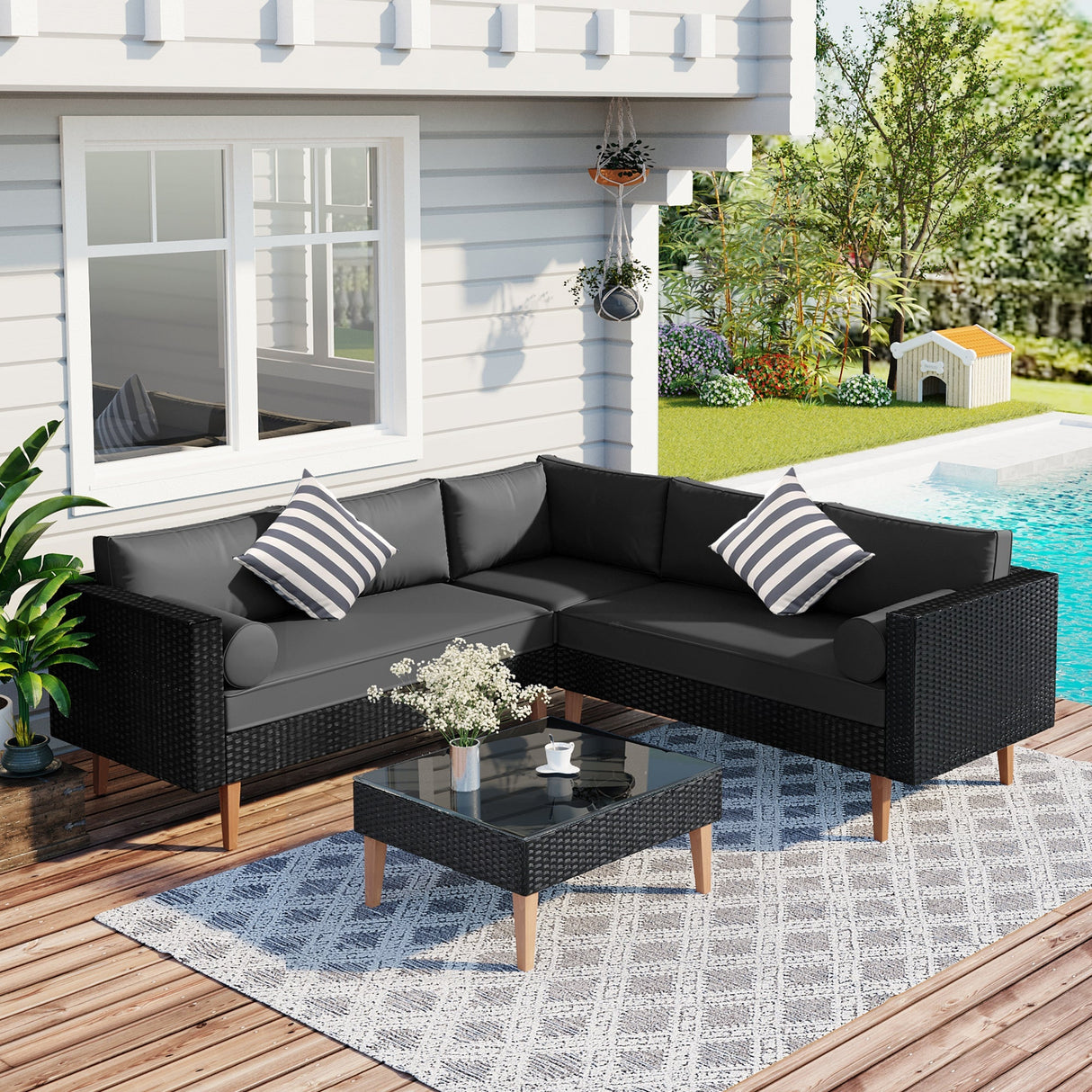 4-Pieces Outdoor Wicker Sofa Set with Colorful Pillows